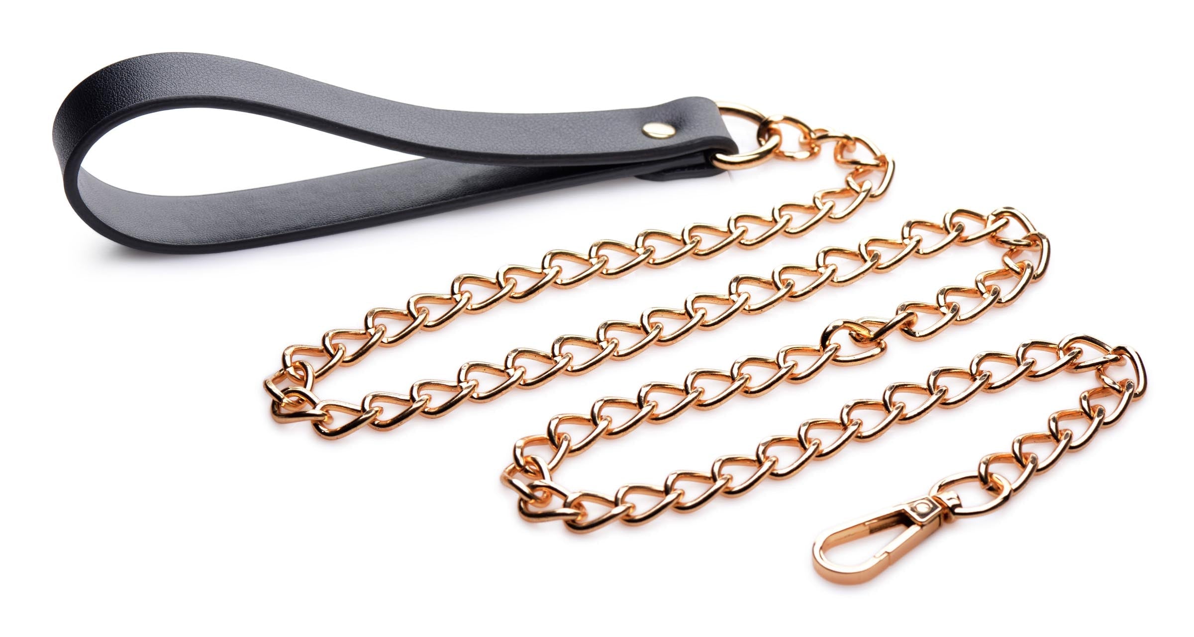 Sophisticated black leather leash attached to a shimmering gold chain