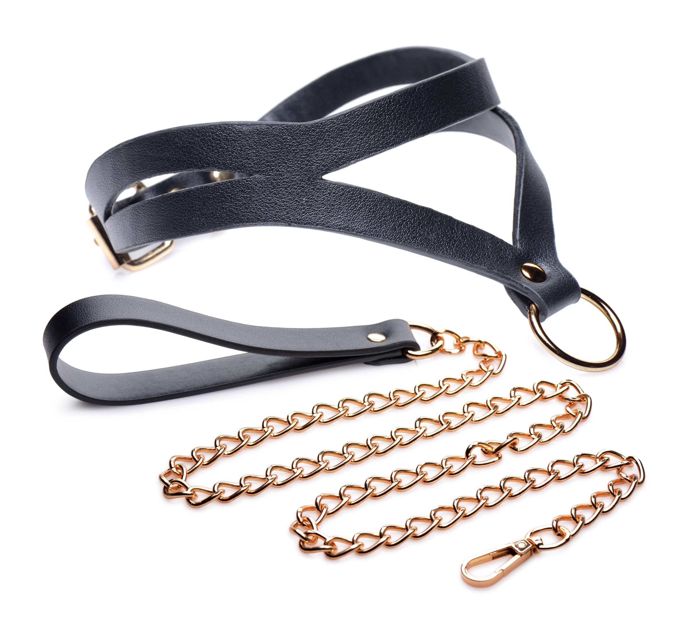 Stylish black leather dog collar paired with a luxurious gold chain leash