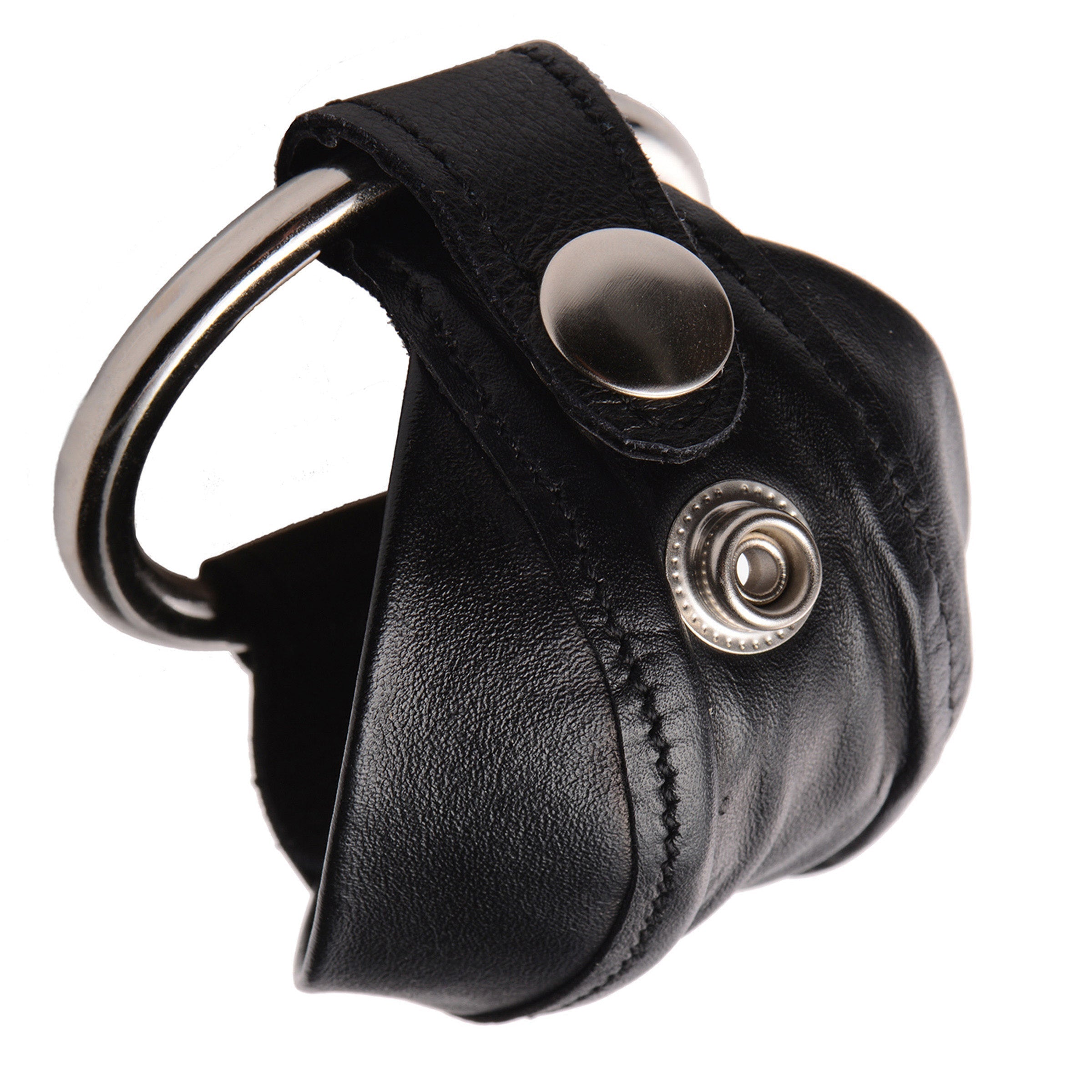 Detail of the metal ring on a leather male chastity device