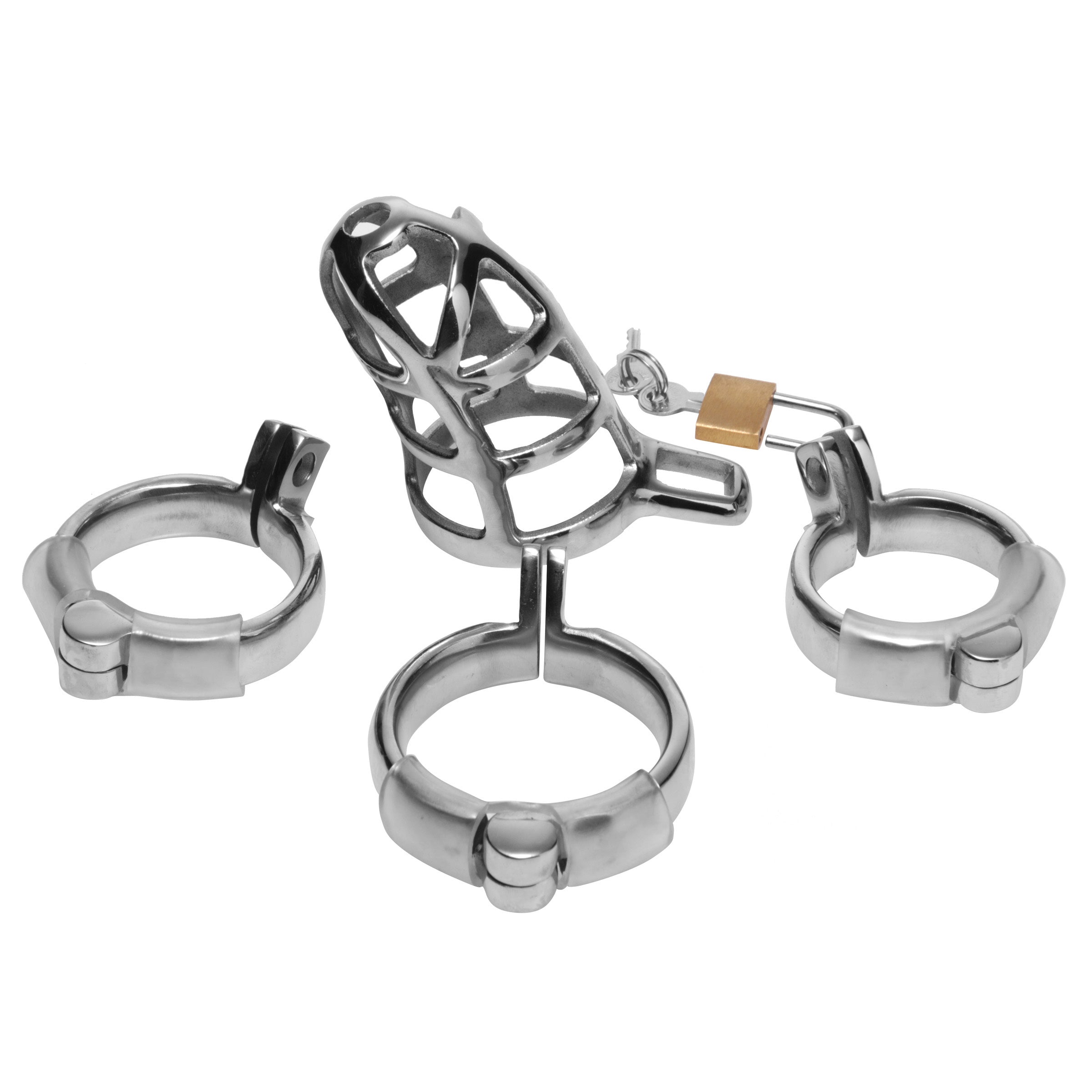 Stainless steel chastity cage with three ring sizes and a padlock