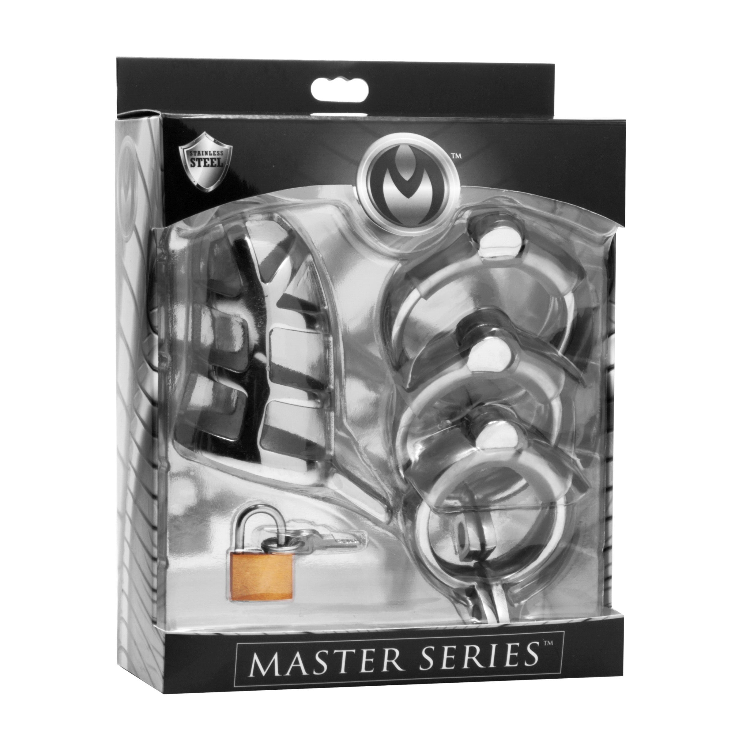 Master Series stainless steel chastity cage with locking mechanism