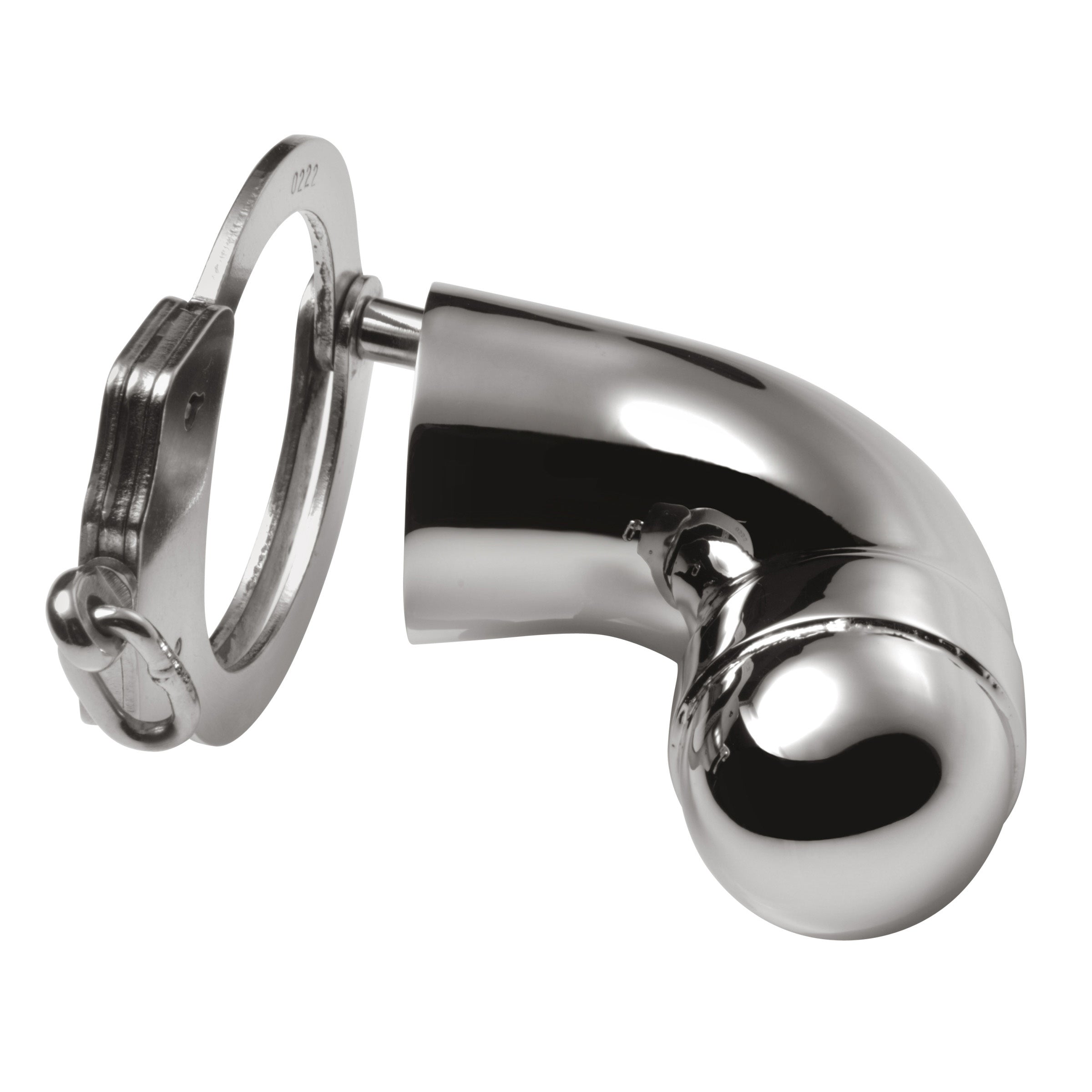 Side view of a stainless steel chastity cock cuff with a secure lock