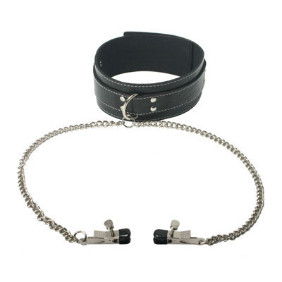 Black leather choker with attached chain from the Coveted Collar and Clamp Union set