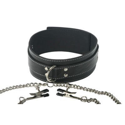 Close-up of the Coveted Collar and Clamp Union black leather collar with connecting chains