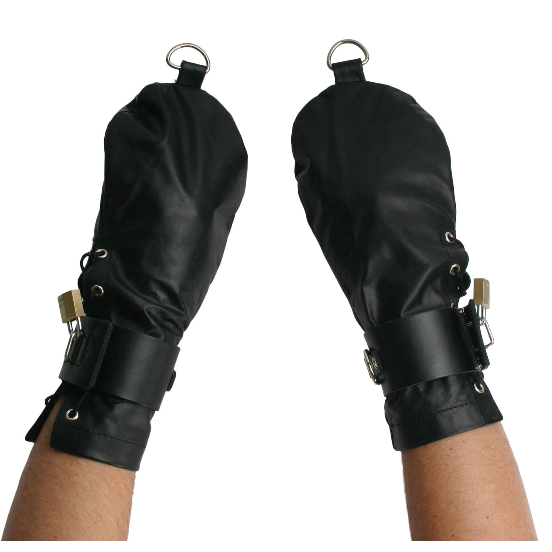 Black leather bondage mittens with secure metal fastenings