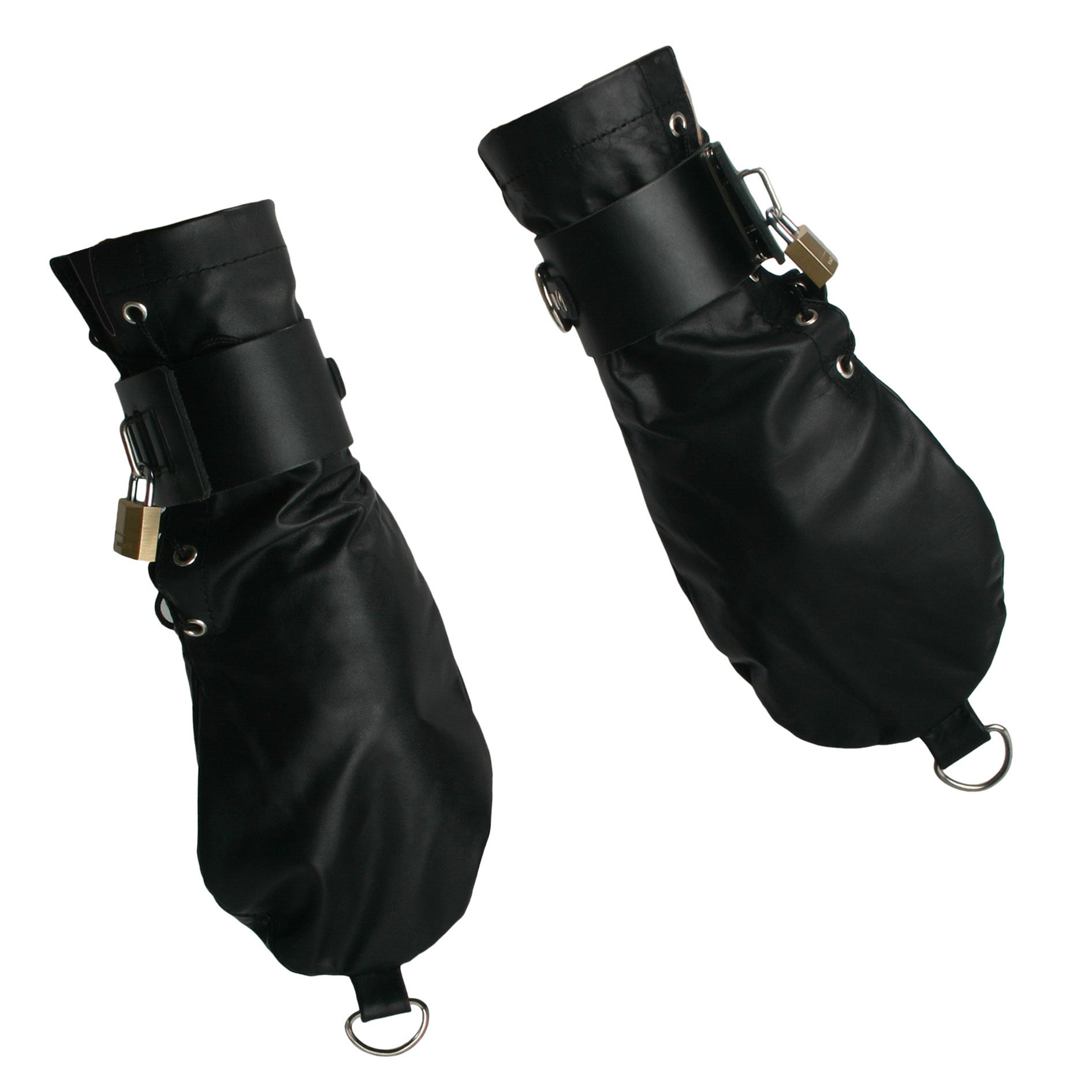 Leather restraint mittens featuring metal buckle closures