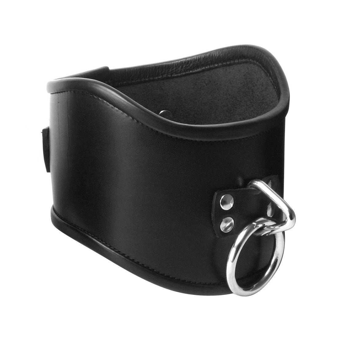 Black leather posture collar with locking mechanism and metal ring detail