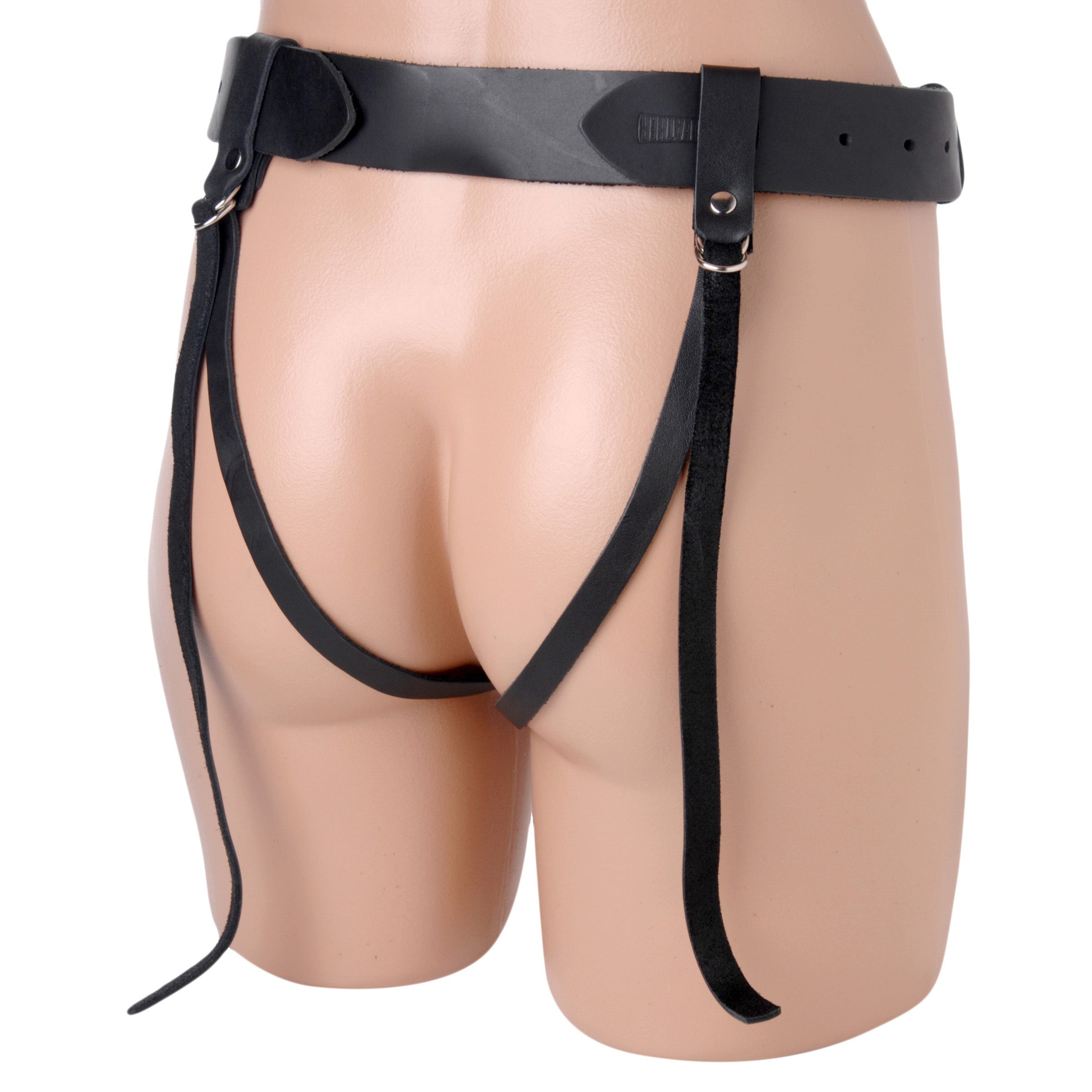 Leather strap-on harness displayed on a mannequin