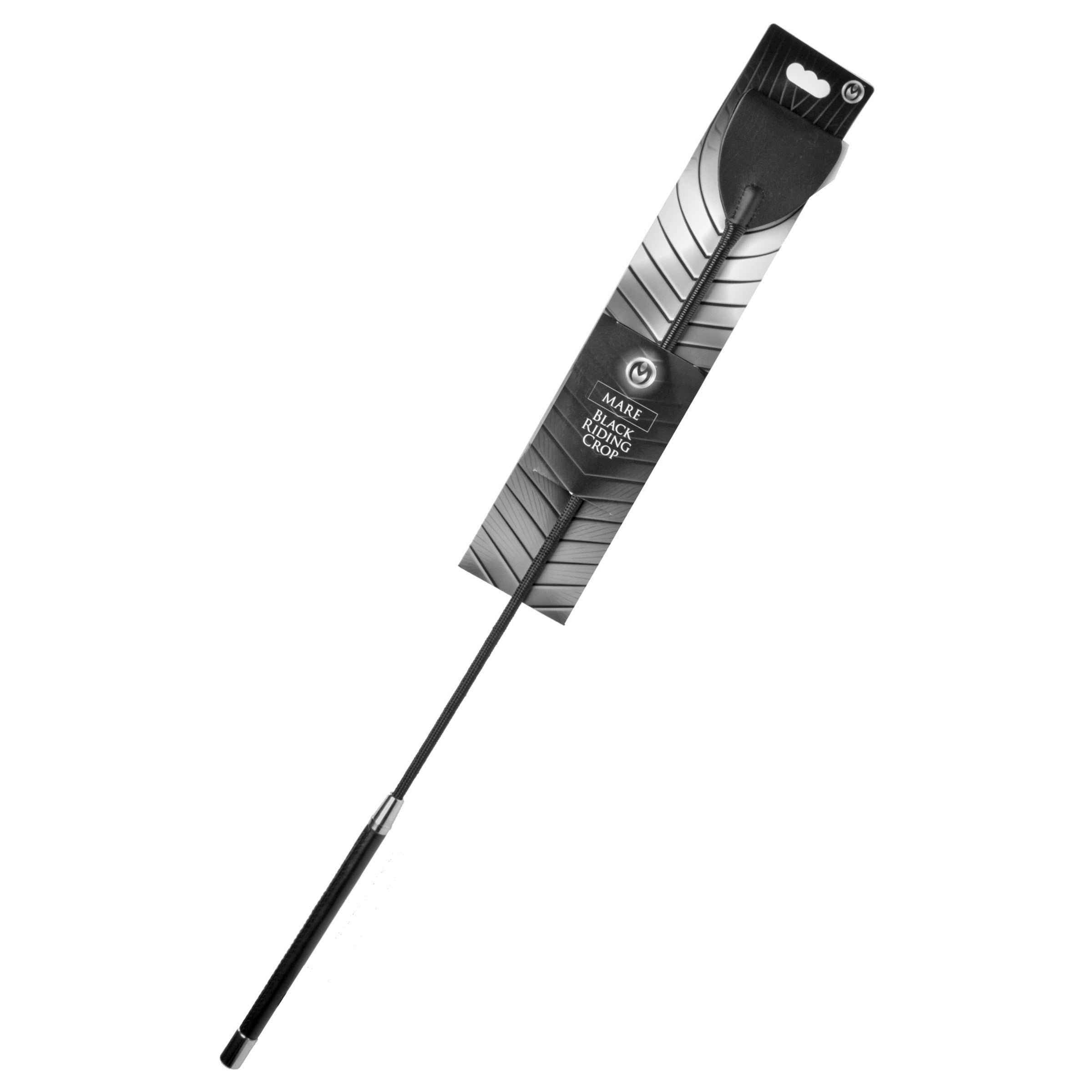 Side view of a black leather equestrian riding crop