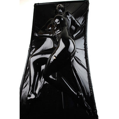 Extreme Black Latex Vacuum Bed with a person inside demonstrated on a black background