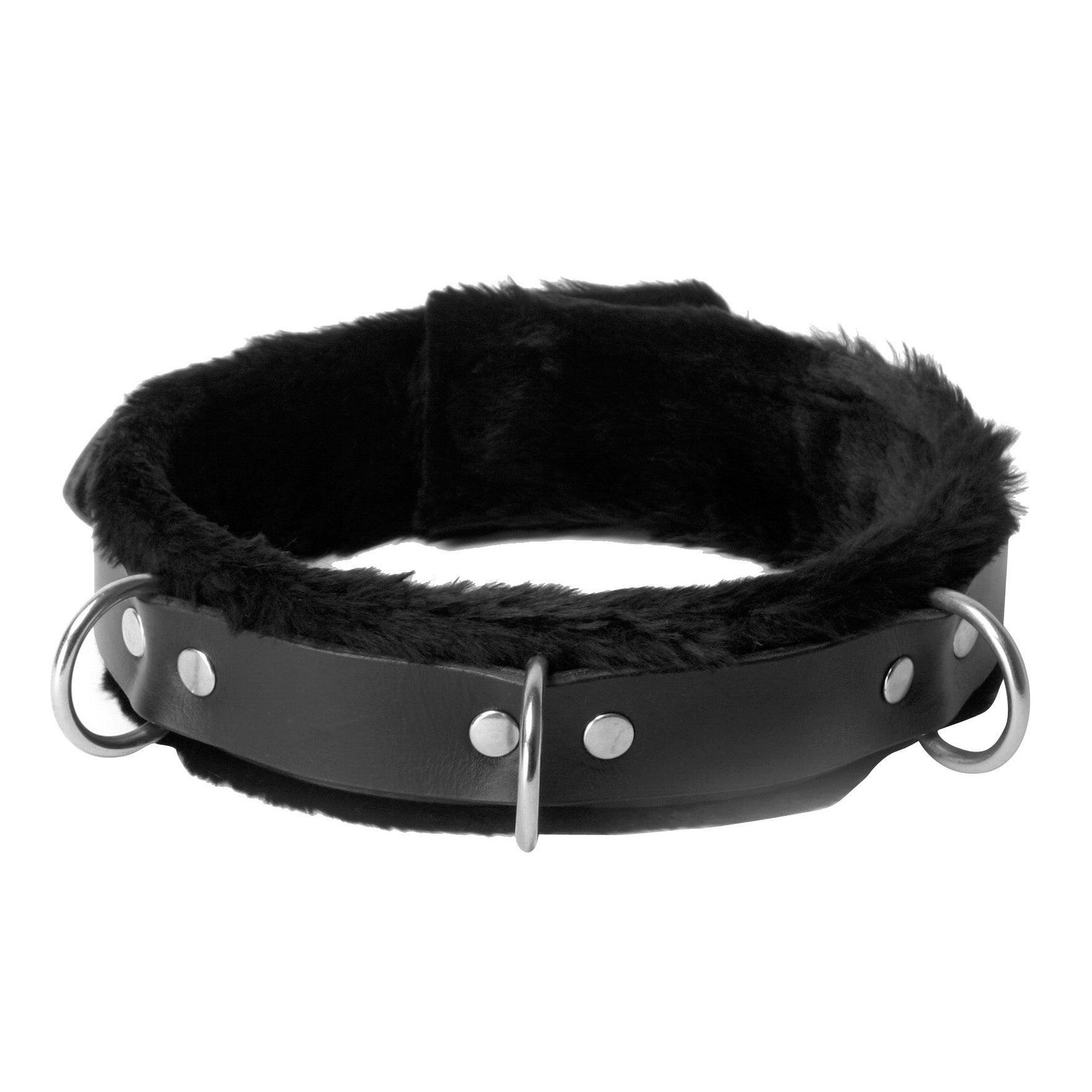 Narrow black leather collar with fur lining and locking feature