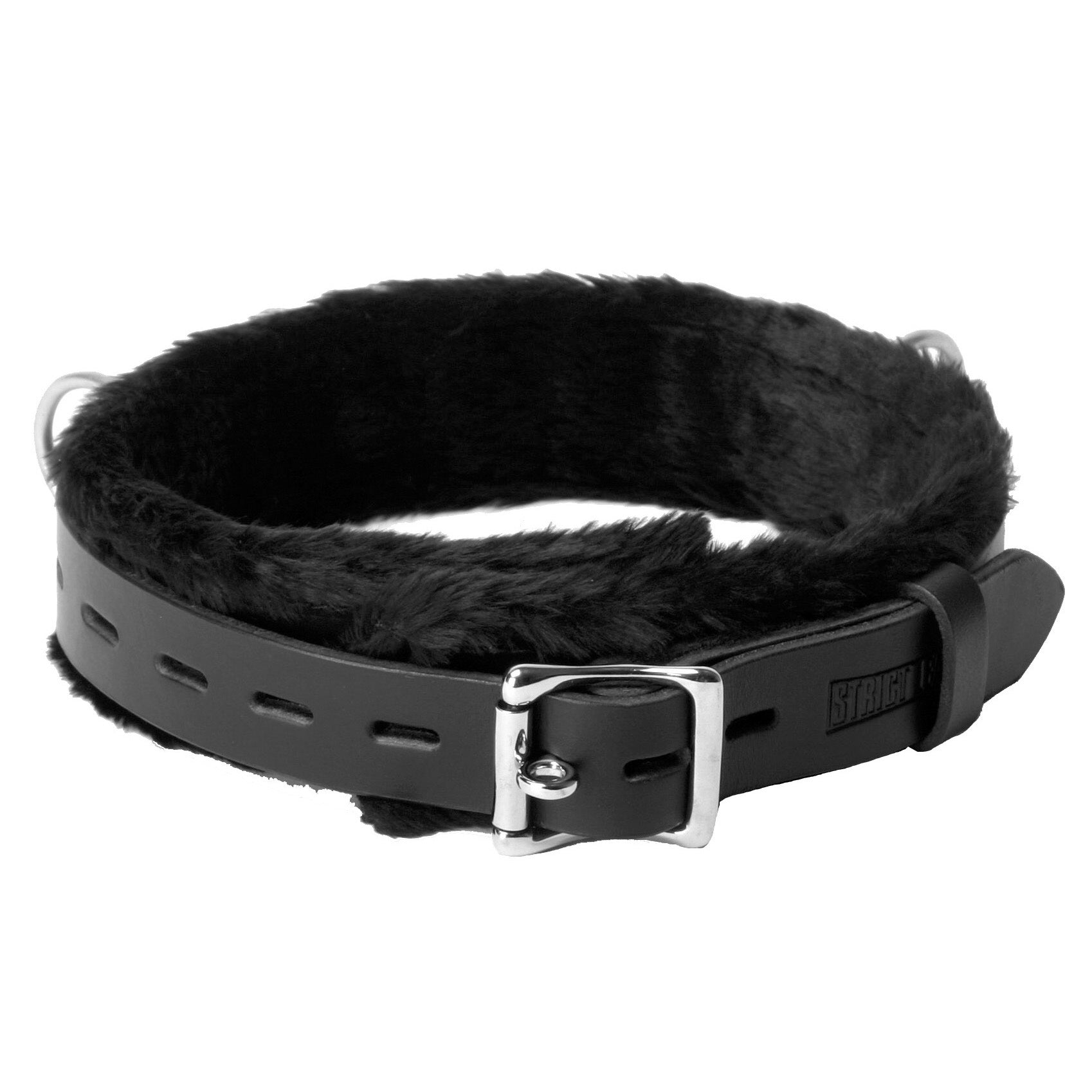 Close-up of a black leather collar with fur lining and secure buckle closure