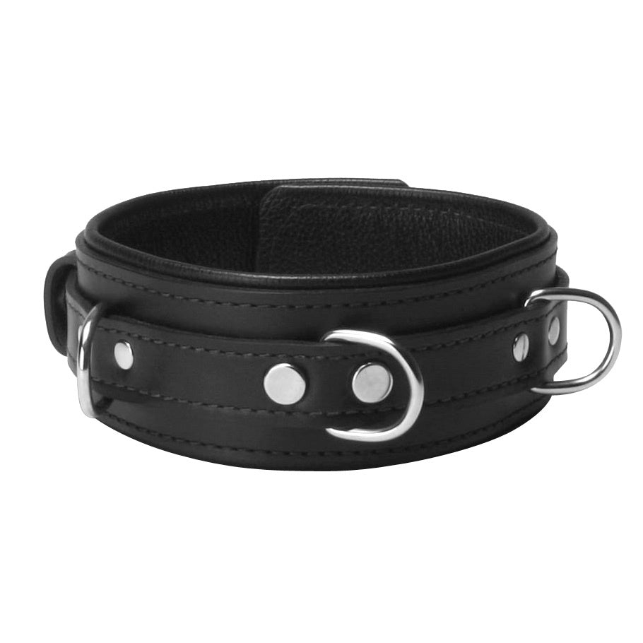 High-quality black leather collar adorned with dual metal rings for attachments