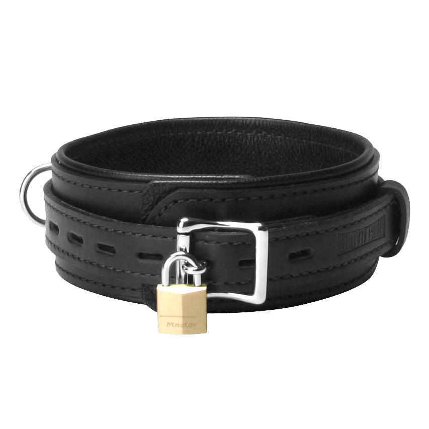 Premium black leather collar featuring a secure locking mechanism