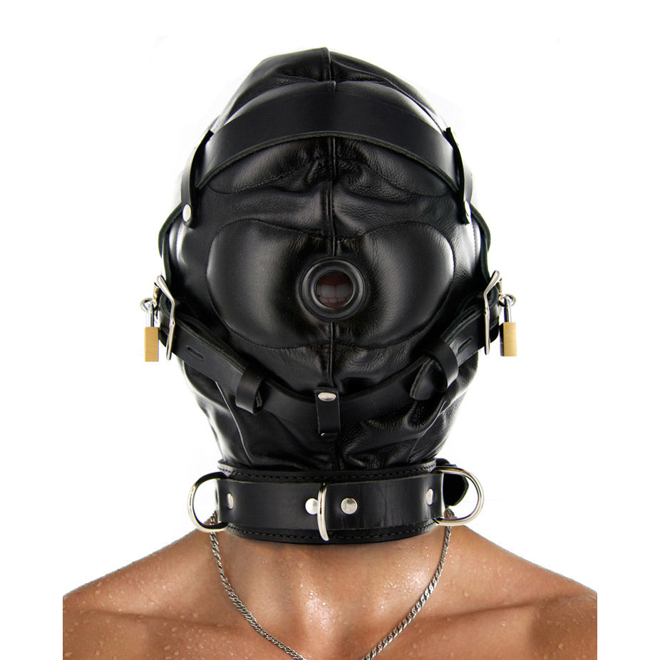 Individual donning a strict leather sensory deprivation hood