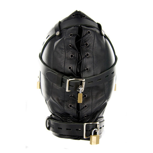 Sensory deprivation leather hood featuring a locking mechanism