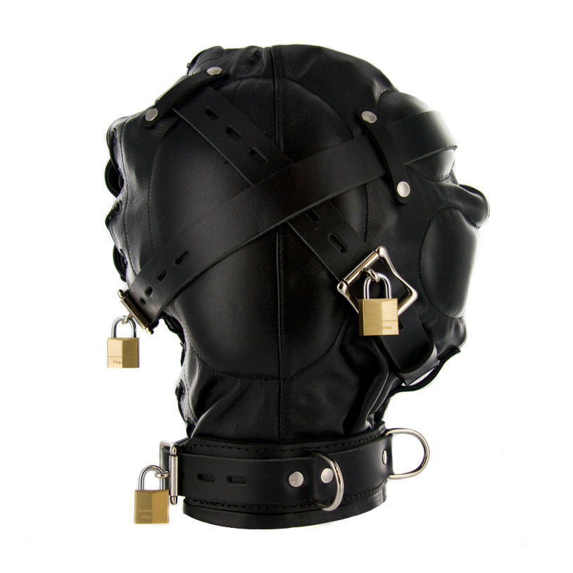 Leather sensory deprivation hood with secure padlocks