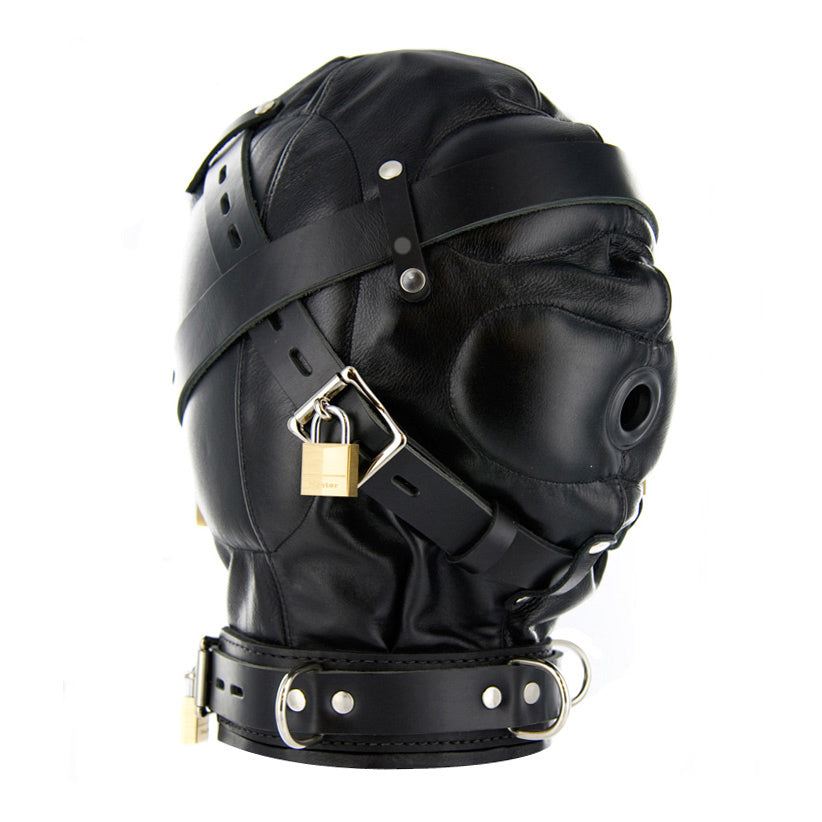 Close-up of a leather sensory deprivation hood with padlock and attachment ring