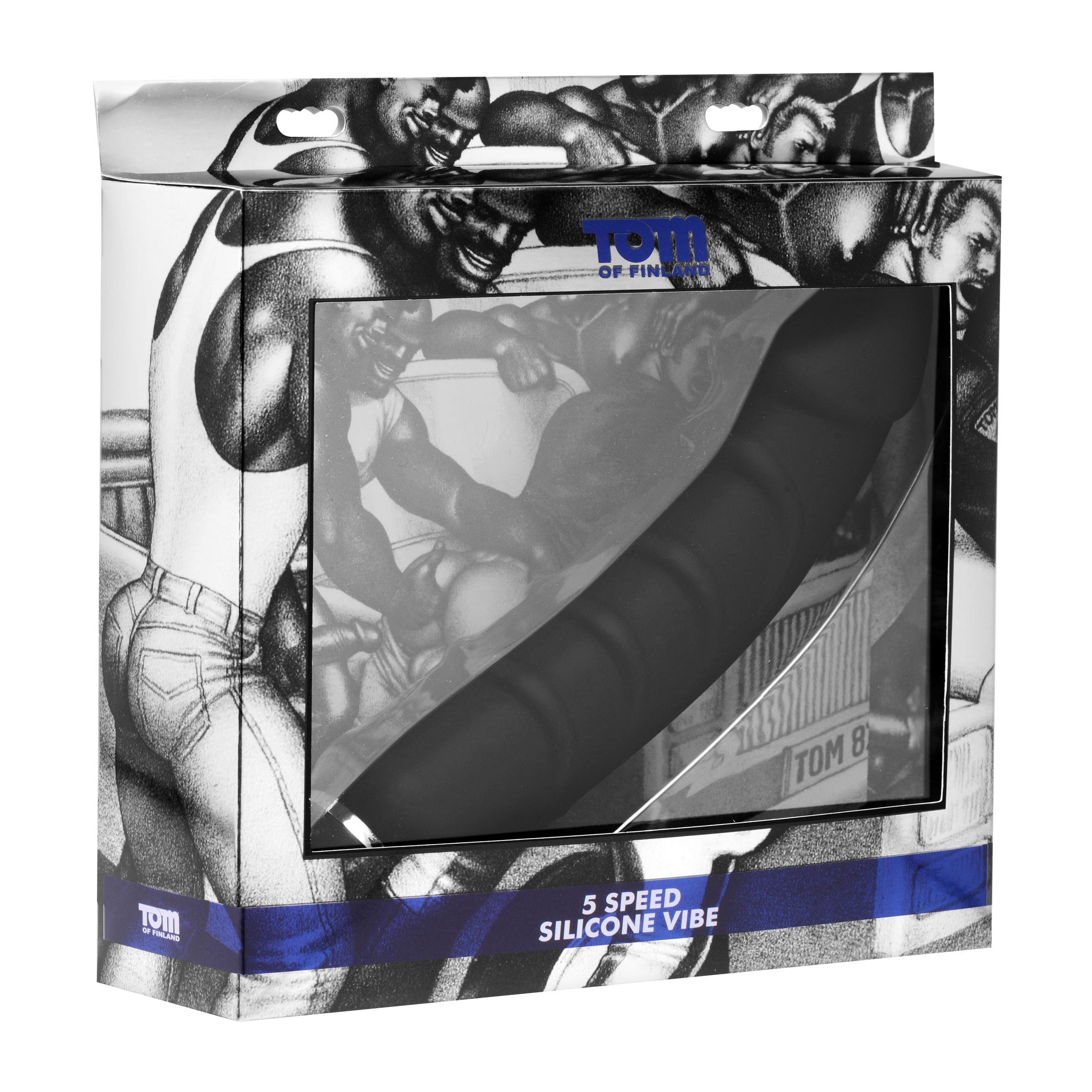 Packaging of the Tom of Finland silicone vibrator featuring a black and white design