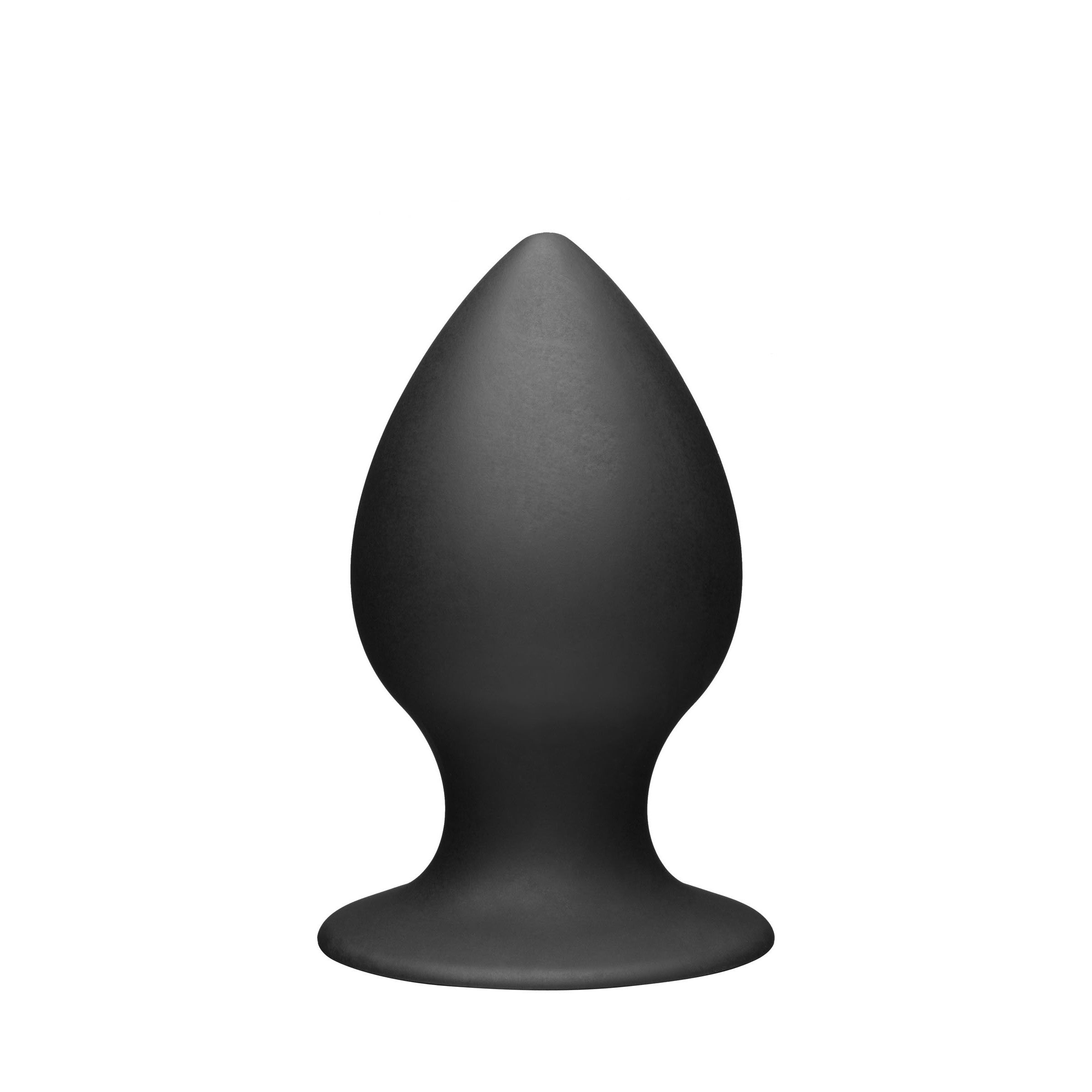 Large black silicone anal plug by Tom of Finland on a white surface