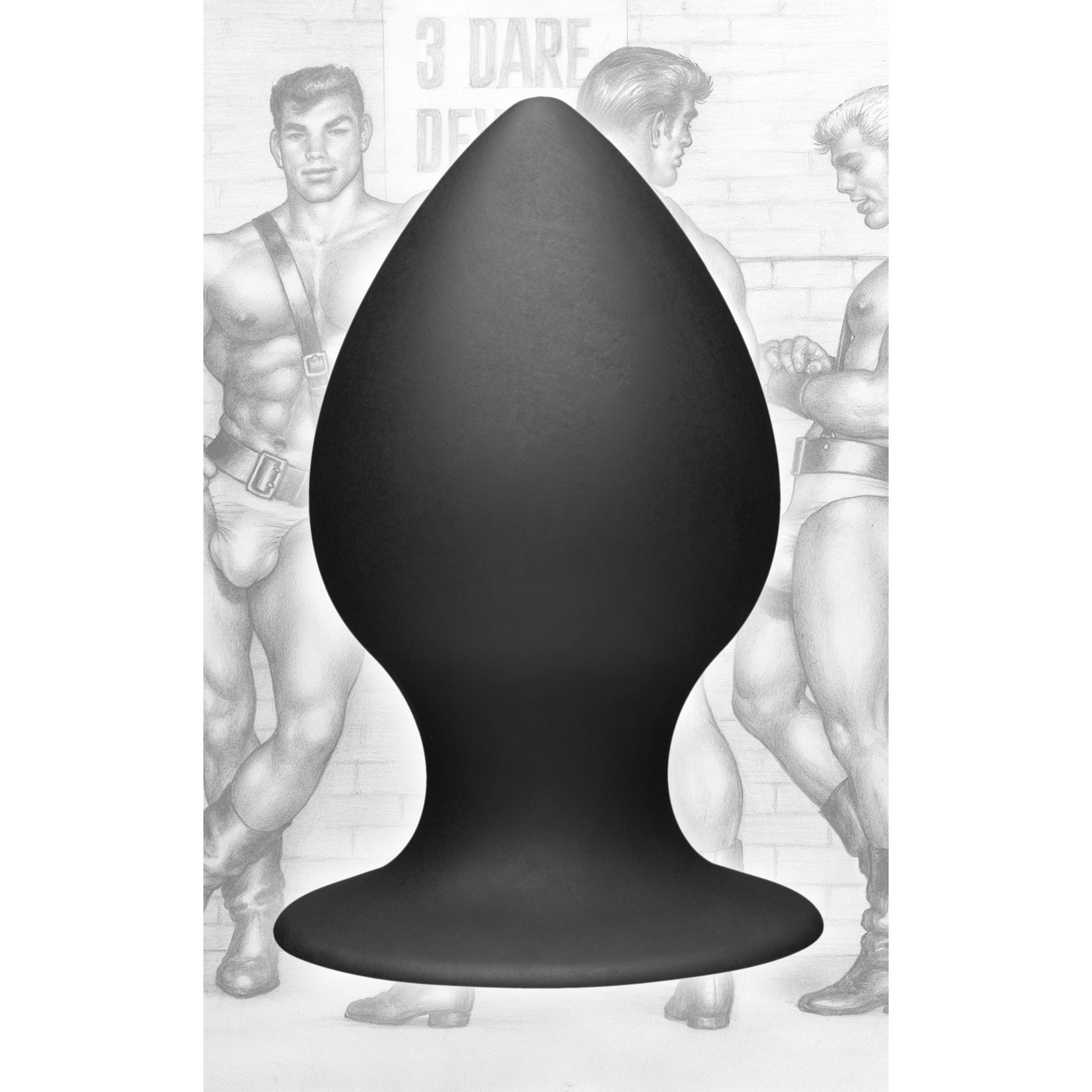 Tom of Finland XL silicone anal plug with a silhouette of a man in the background