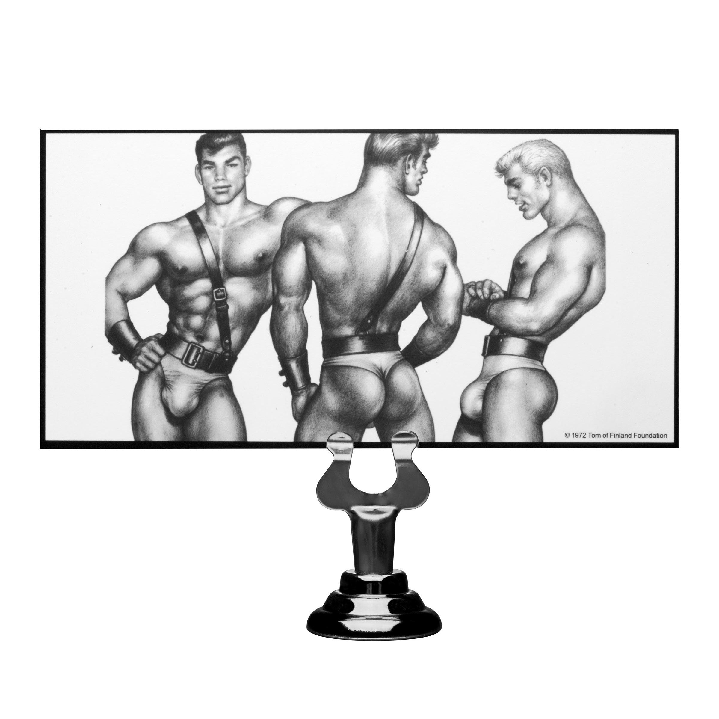 Artistic illustration related to Tom of Finland featuring three male figures