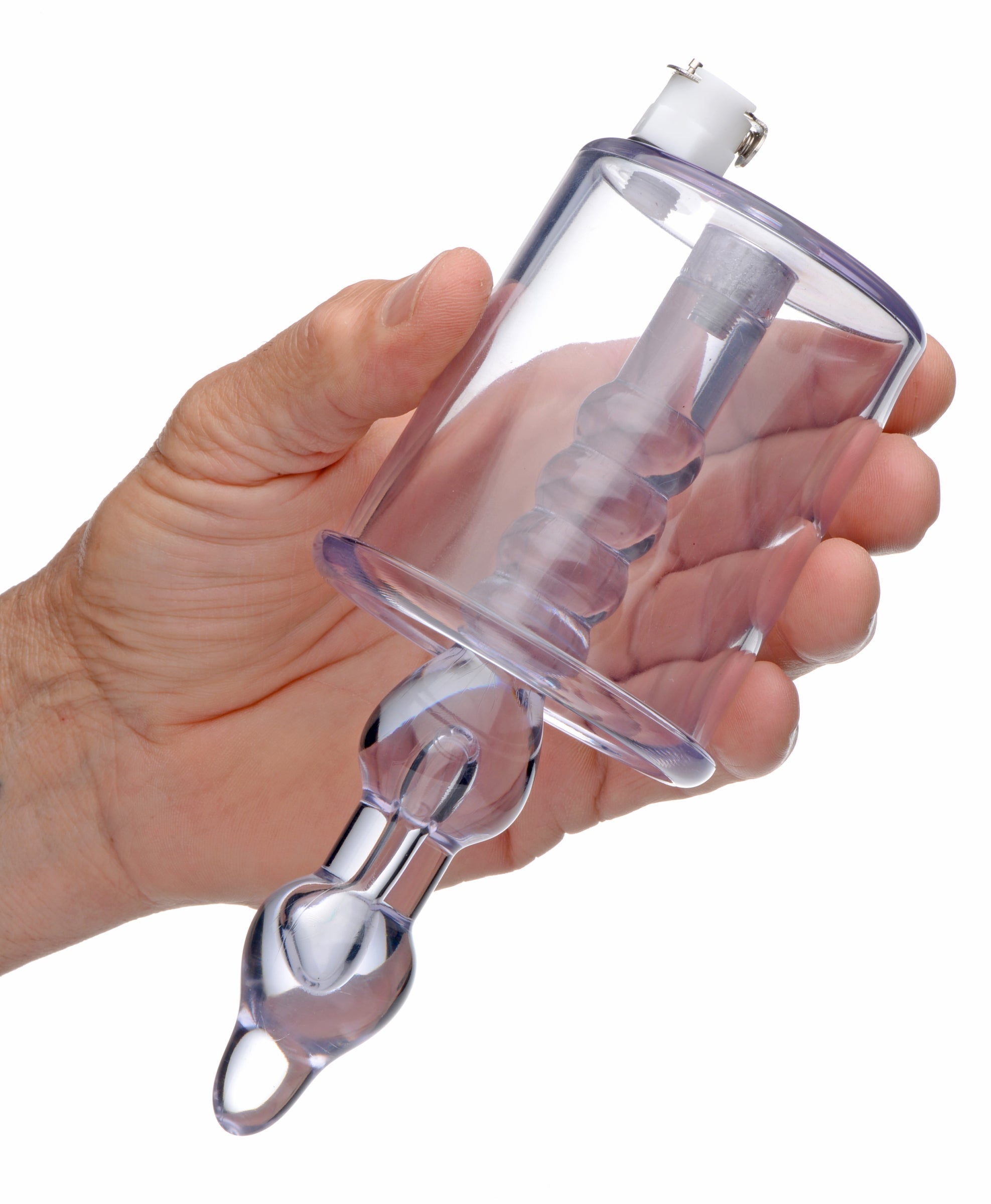 Hand gripping the anal pump cylinder with ergonomic handle