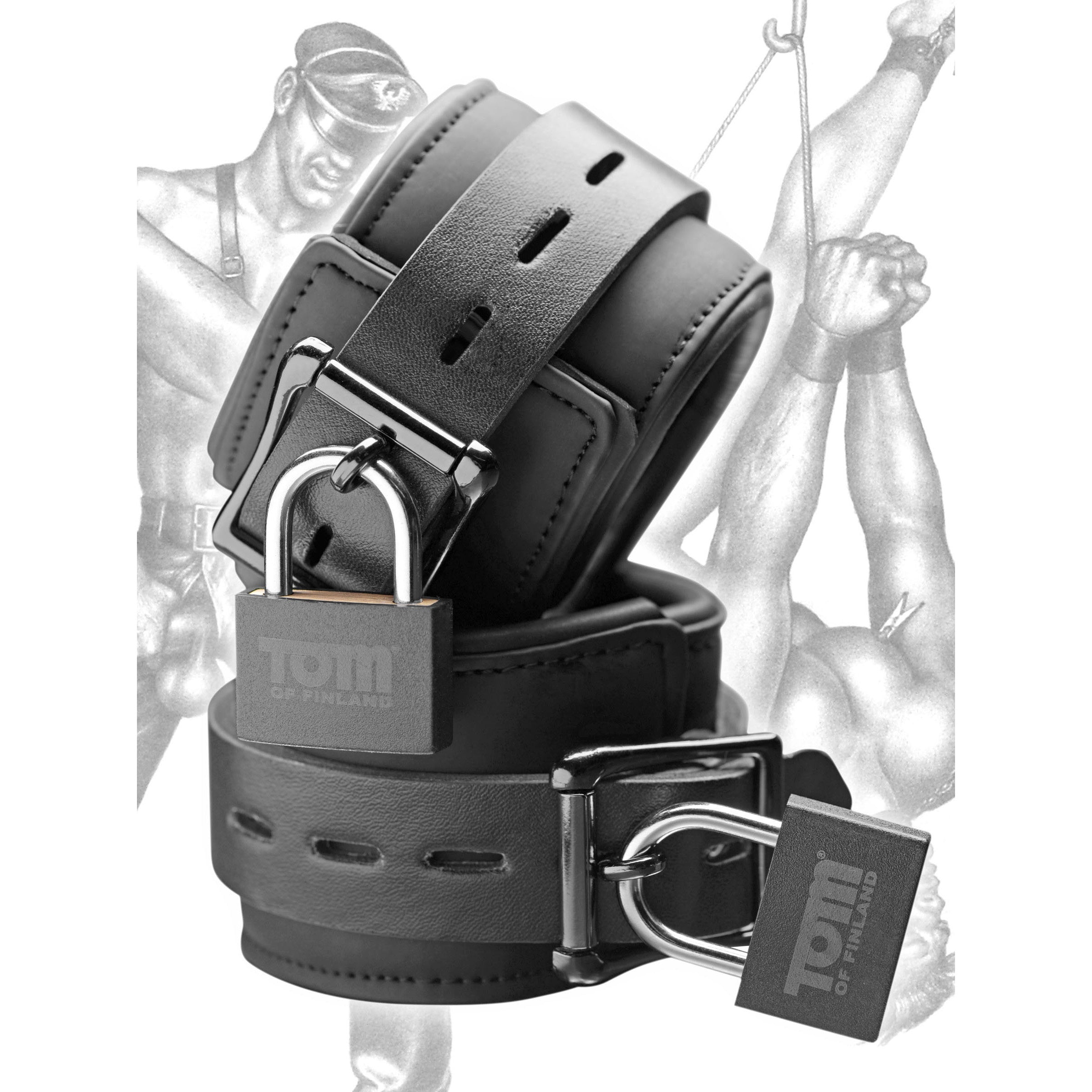 Detail of the neoprene material and craftsmanship on Tom of Finland Wrist Cuffs