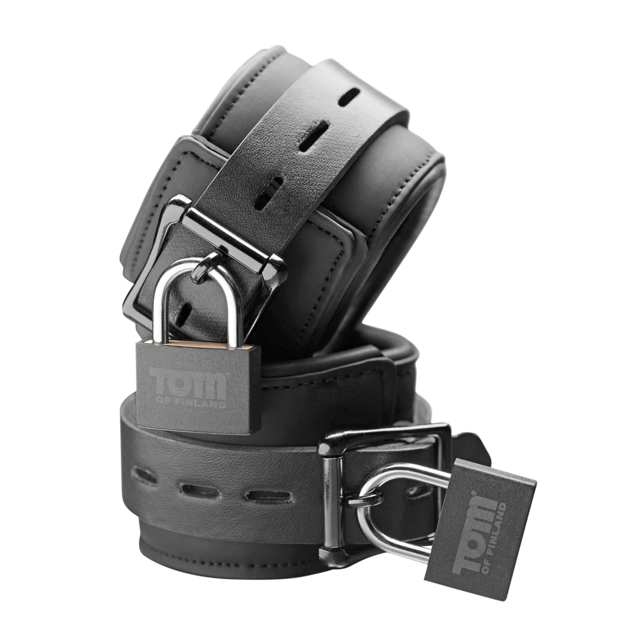 Close-up of Tom of Finland Neoprene Wrist Cuffs with metal hardware