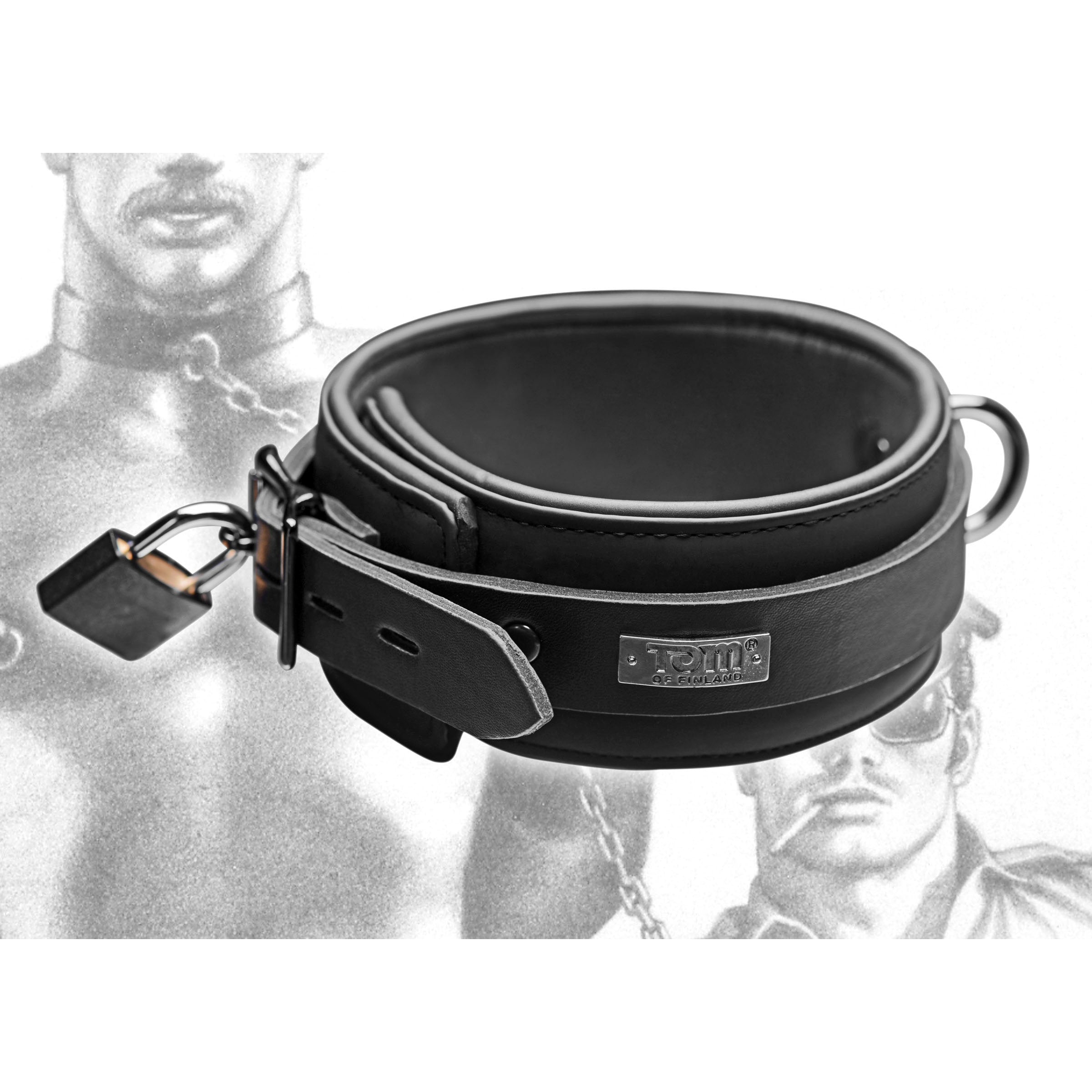 Close-up of the Tom of Finland logo on a neoprene collar