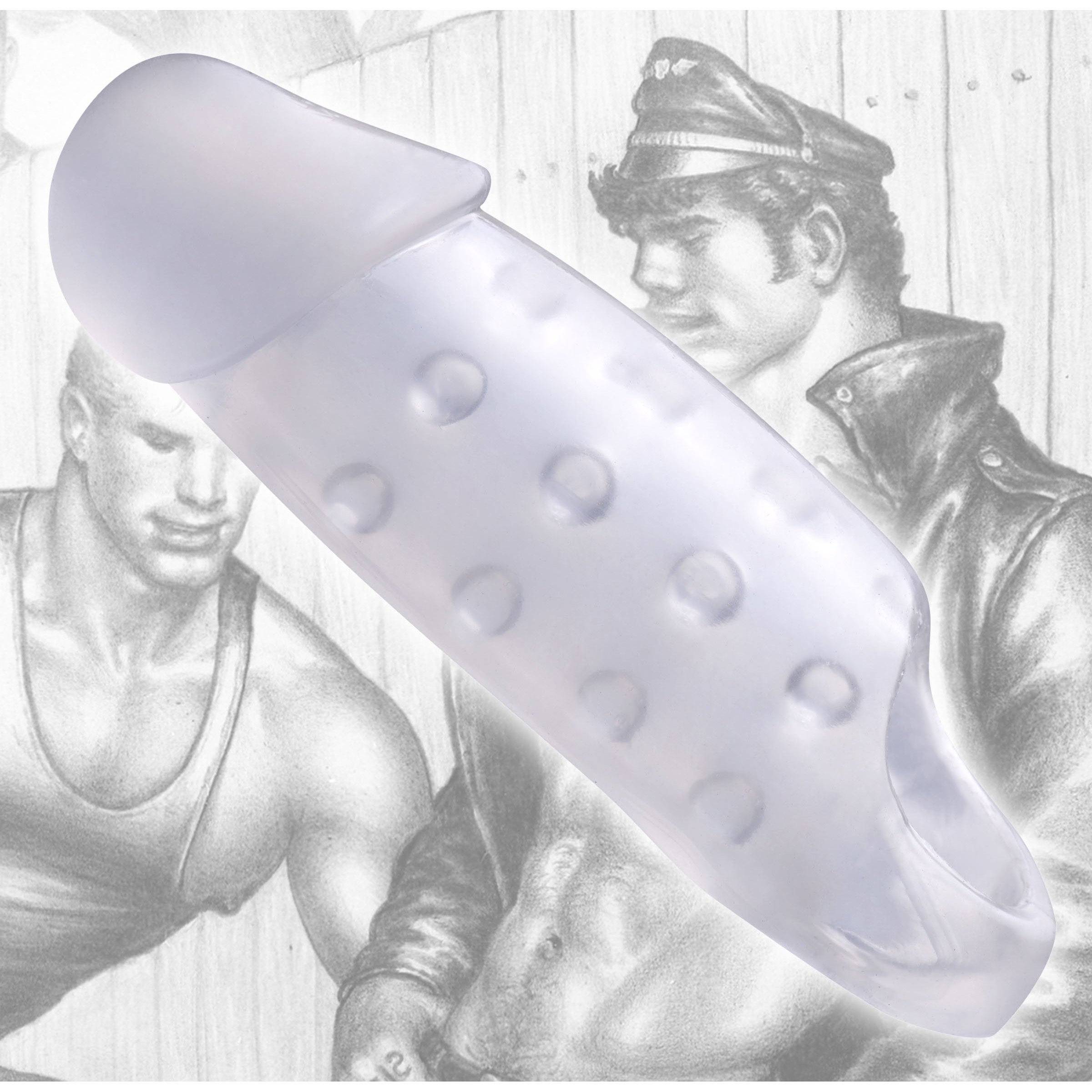 Hand holding the Tom of Finland Clear Smooth Cock Enhancer