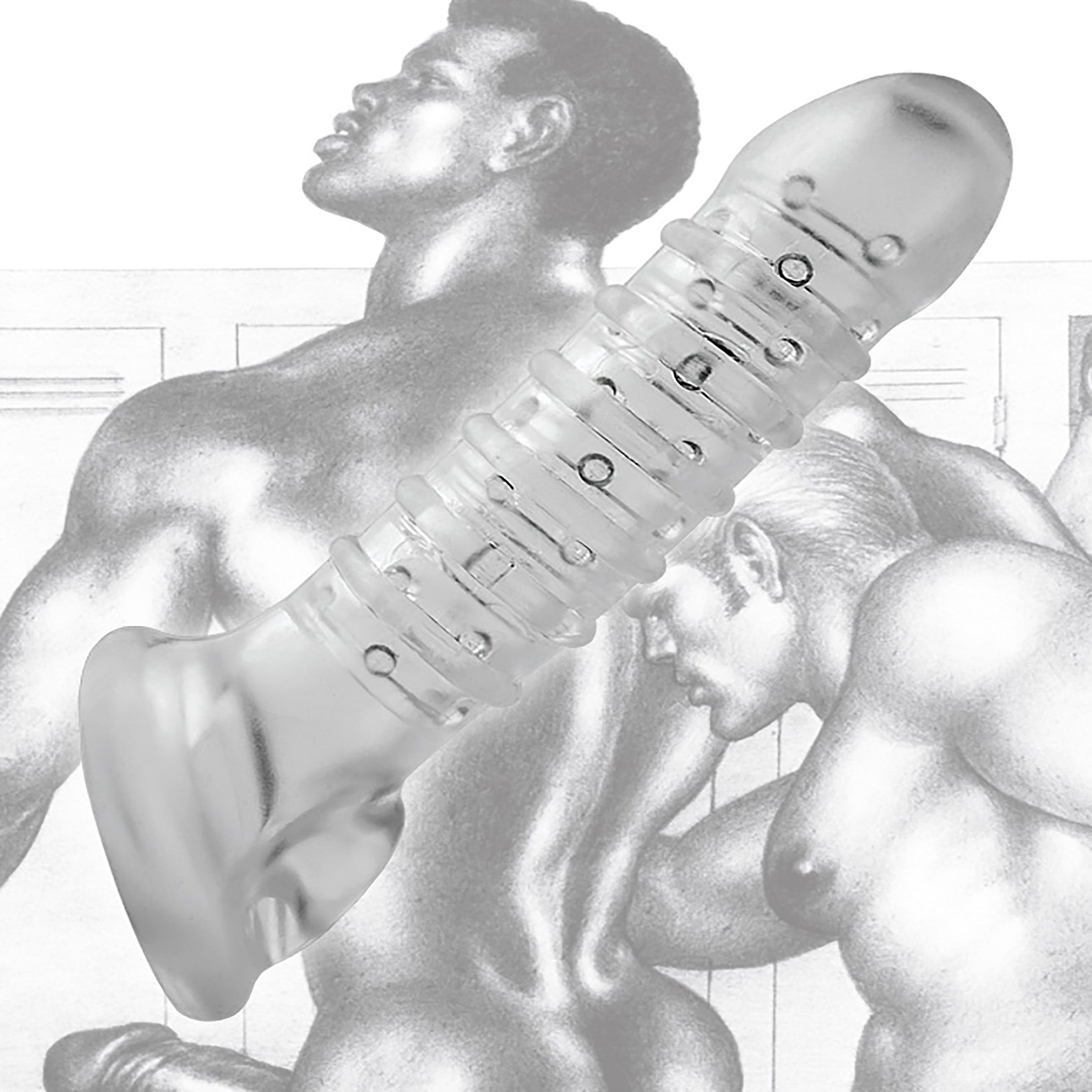 Tom of Finland Textured Girth Enhancer displayed on a stand