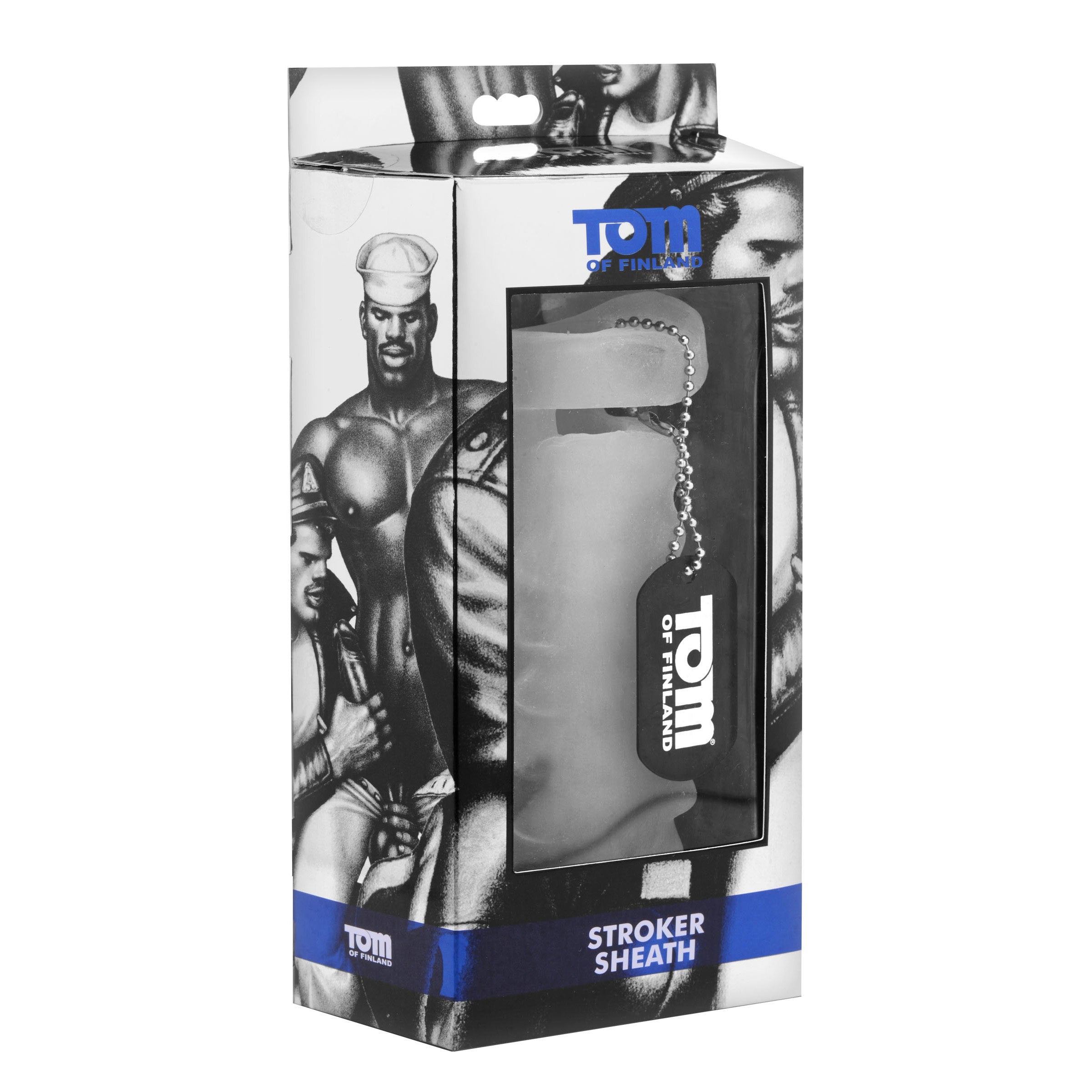 The product box of the Tom of Finland Stroker Sheath with a monochrome portrait of a man