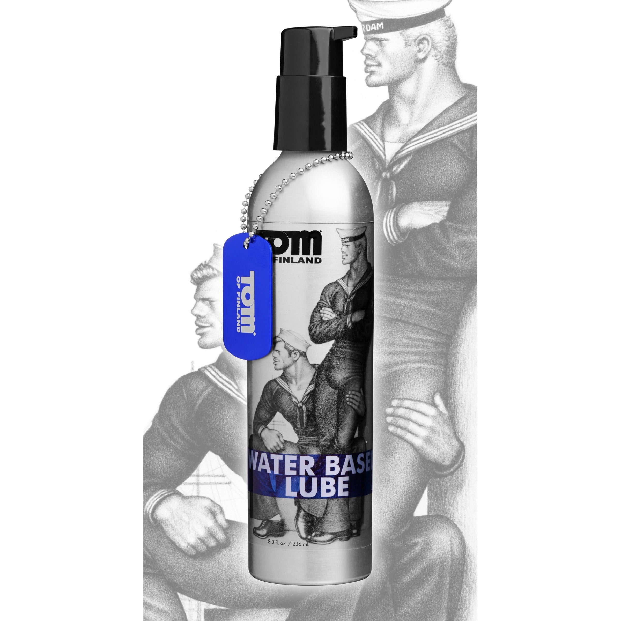 Side view of the Tom of Finland Water-Based Lube 8oz bottle