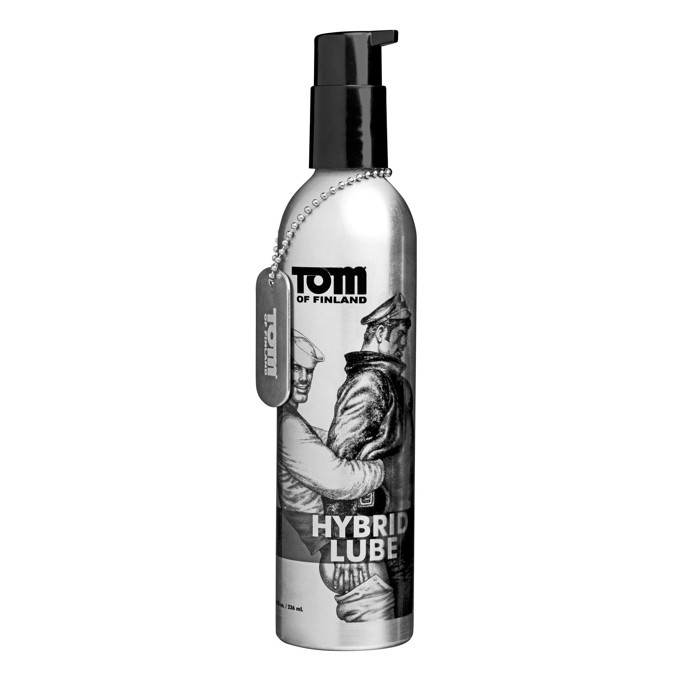 Close-up of the Tom of Finland Hybrid Lube 8 oz label