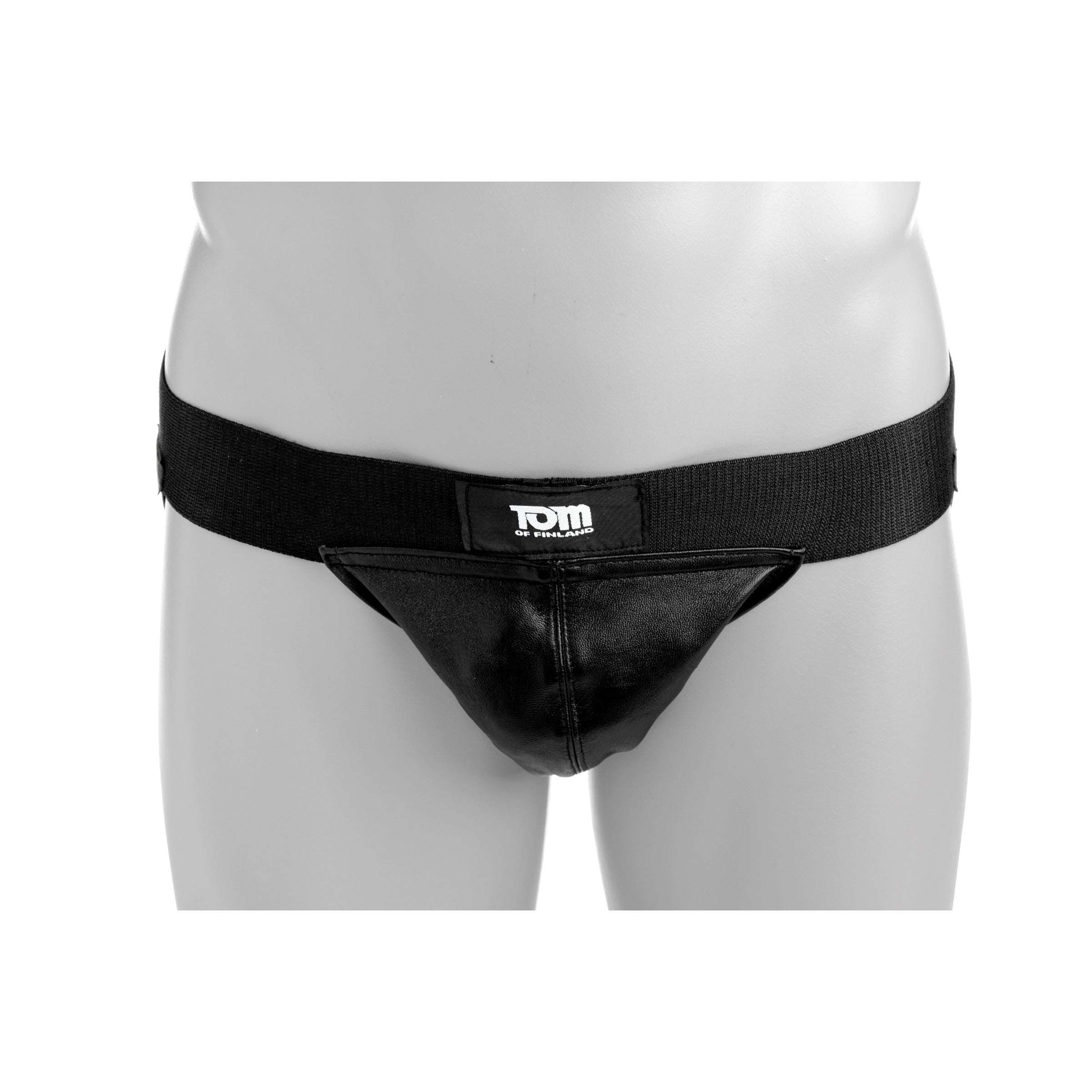 Rear view of Tom of Finland black leather jock strap with branded waistband