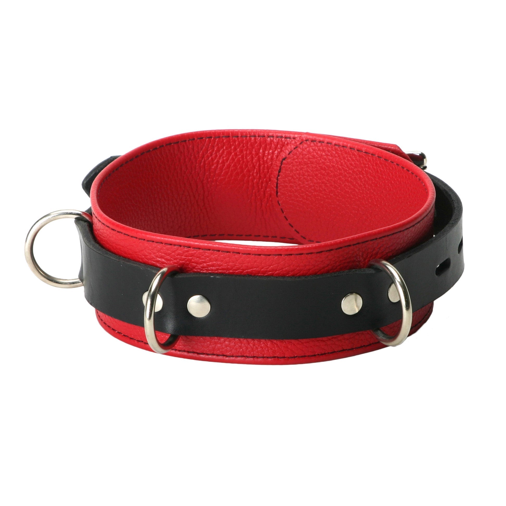 Red and black locking collar made of leather with dual metal rings from Strict Leather Deluxe