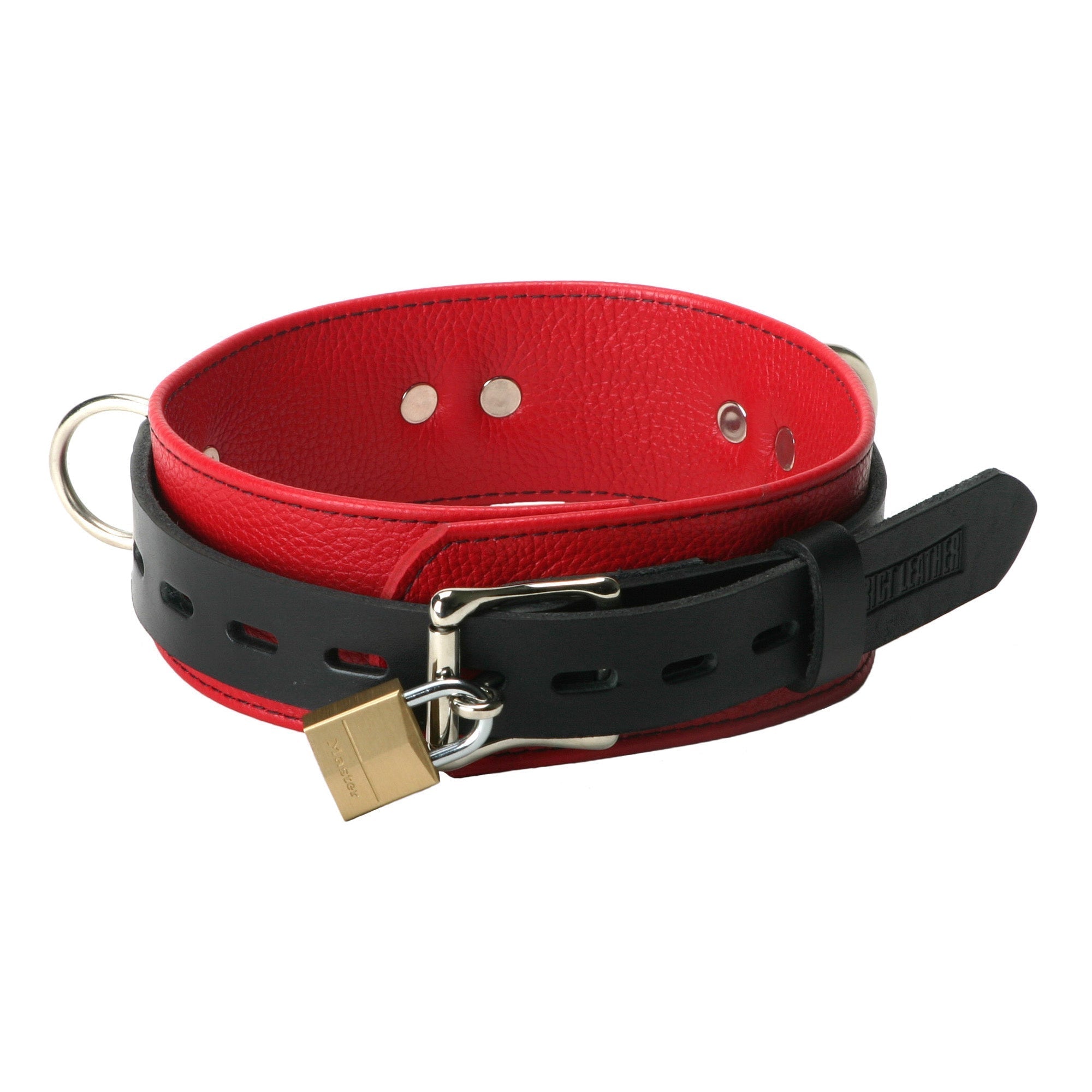 Deluxe Strict Leather collar featuring a red strap with black accents and a secure locking buckle