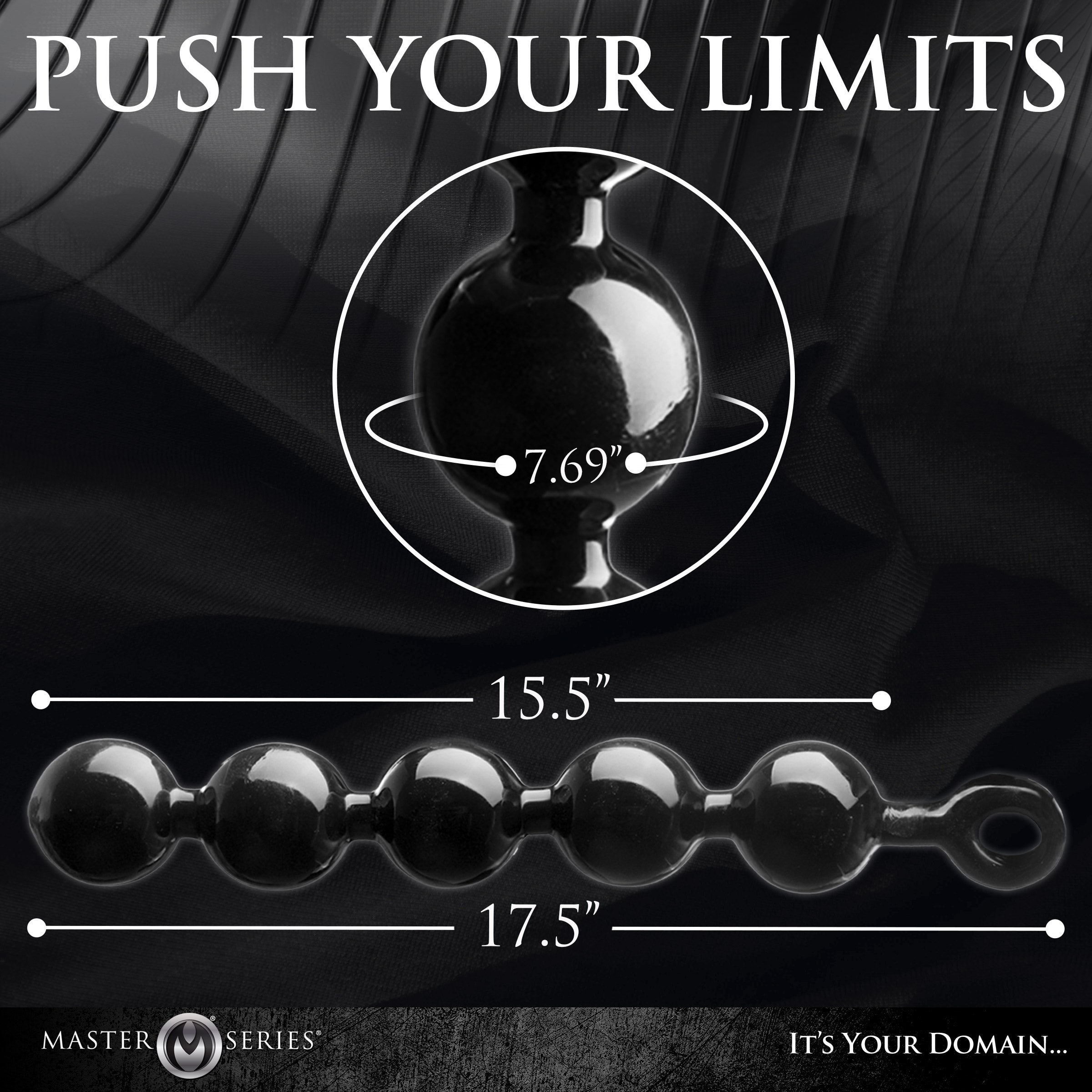 Close-up of the Black Baller Anal Beads with Push Your Limits" text"