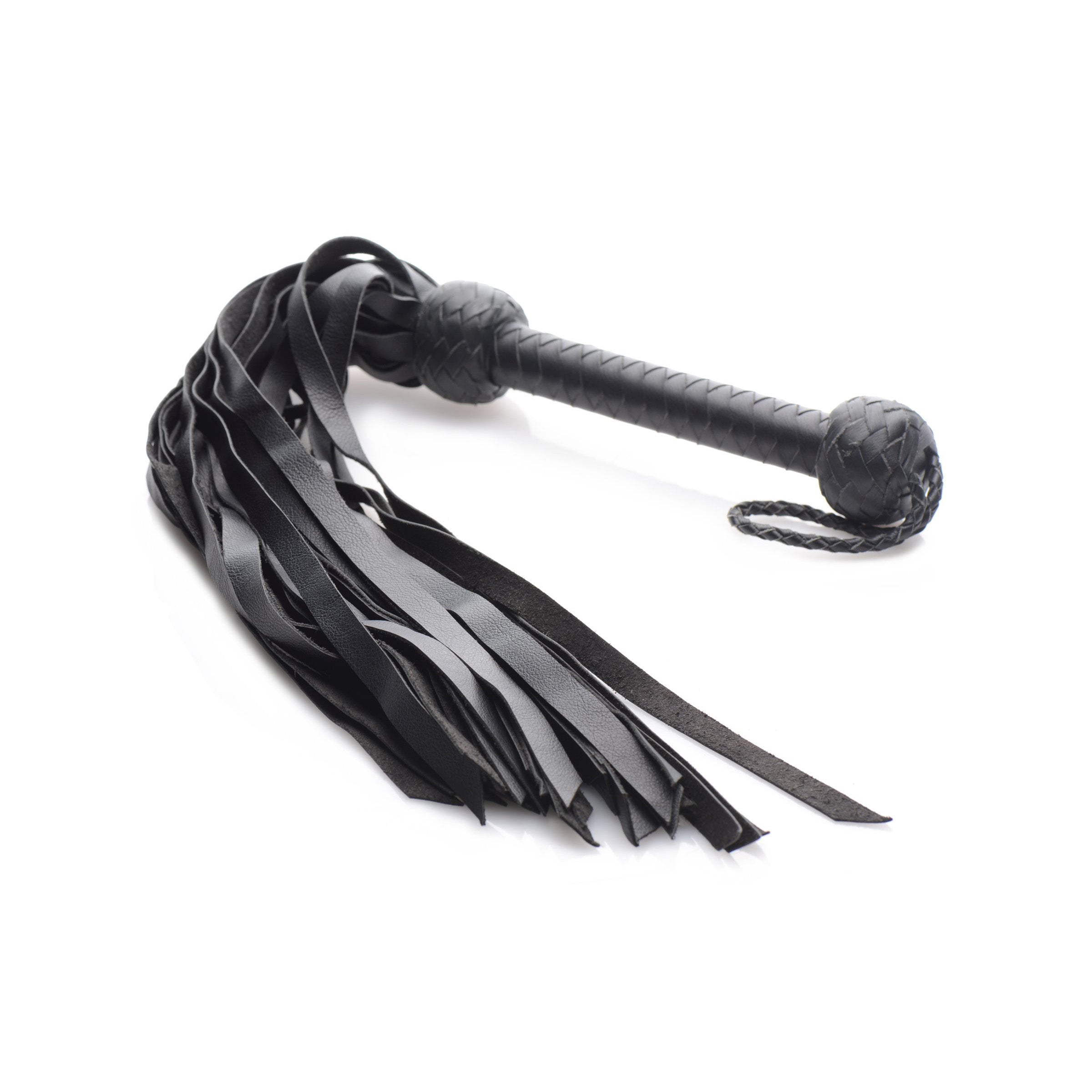 Close-up of the Strict Leather Premium Deerskin Flogger with a black handle