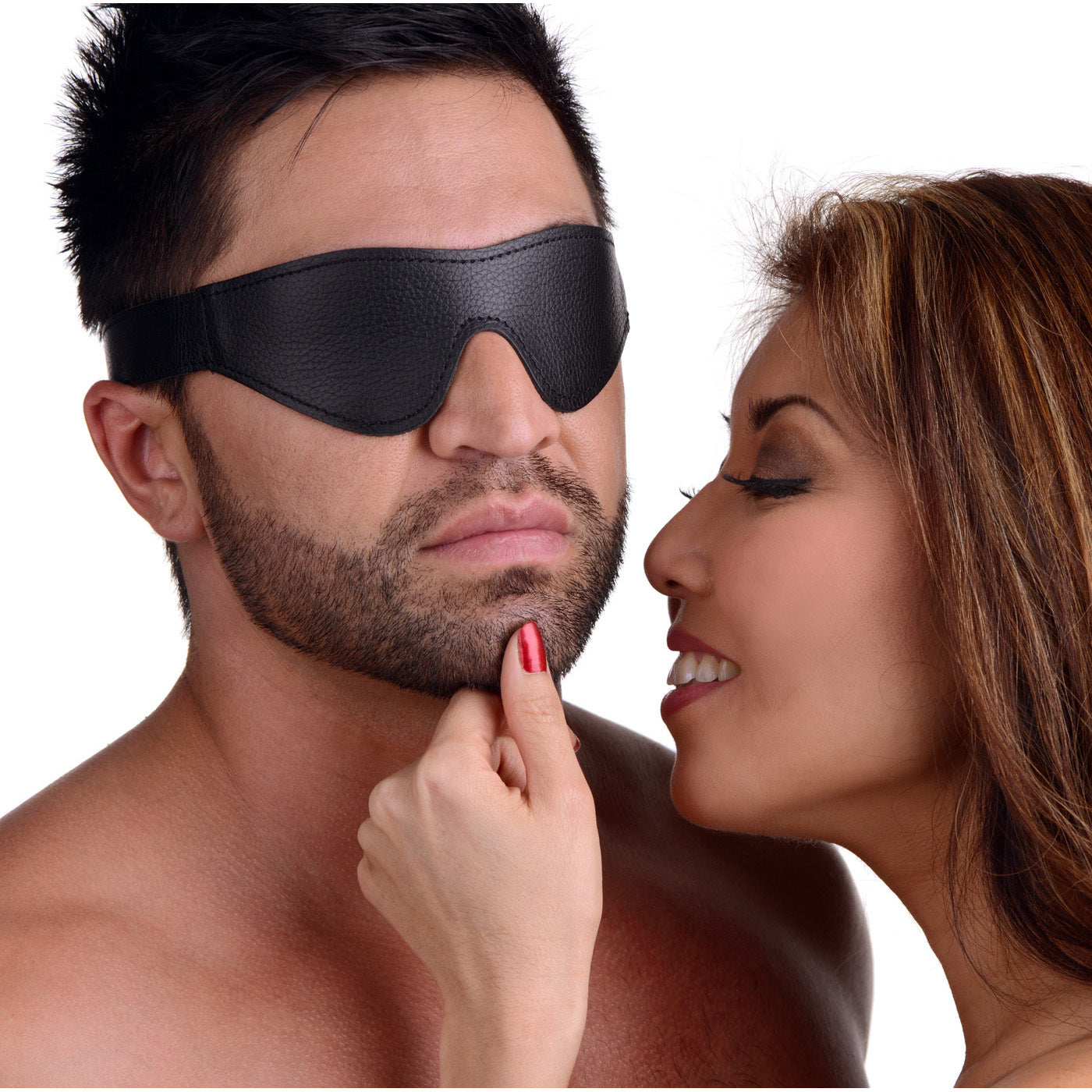 A couple wearing the Strict Leather Velcro Blindfolds