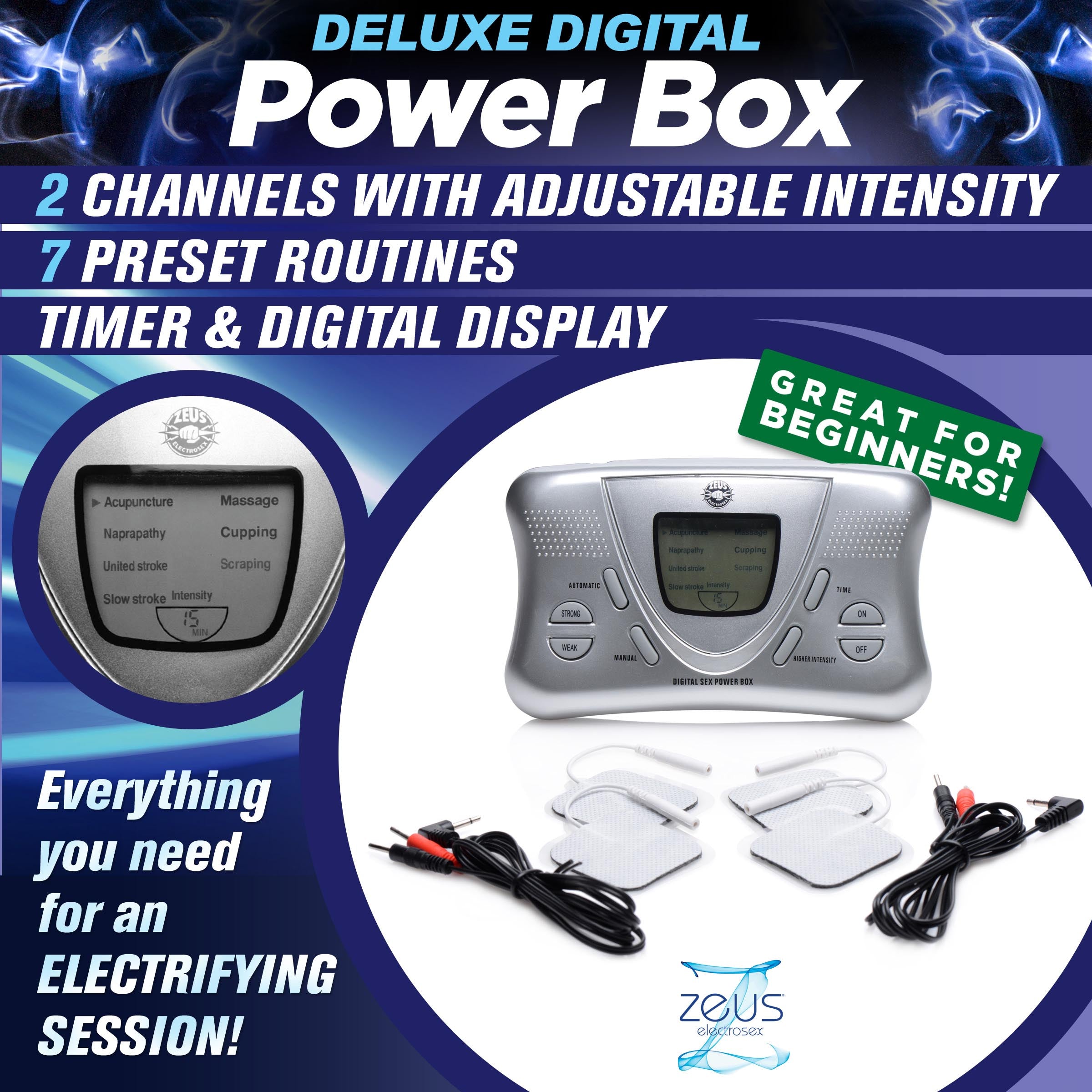 Zeus Electrosex Deluxe Digital Power Box with clear display of control buttons