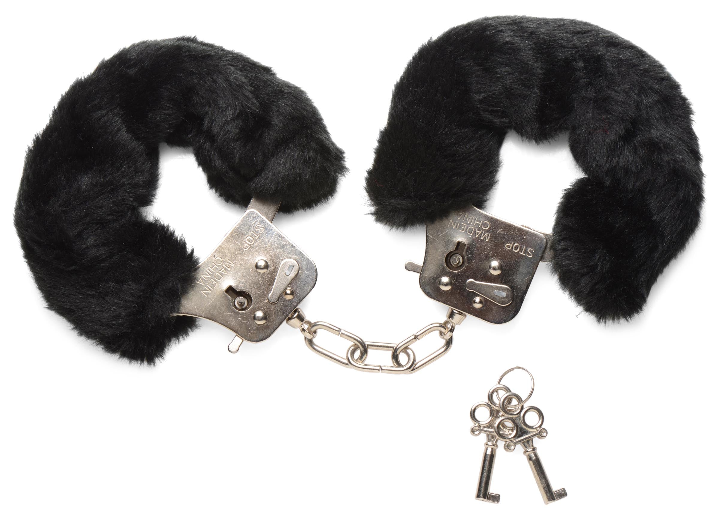 Close-up of black candy handcuffs with attached keychain