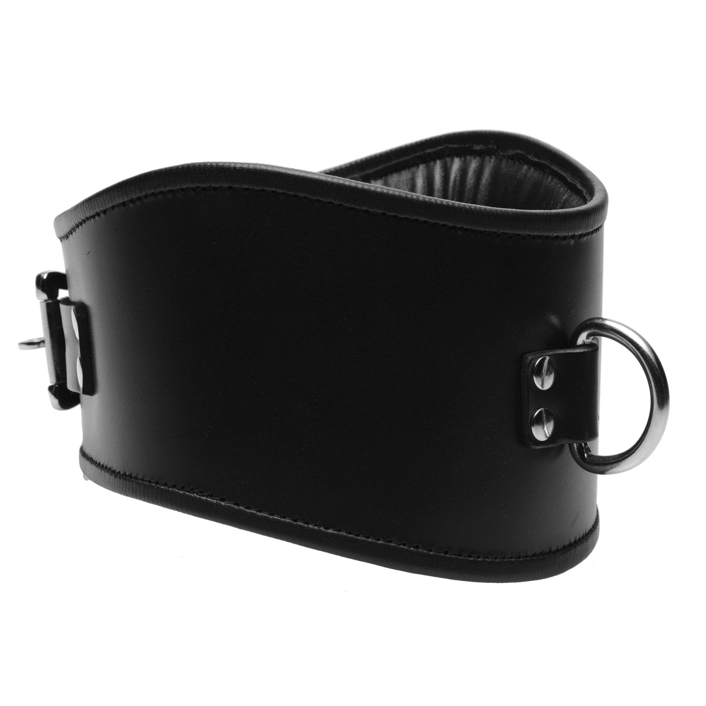 Black leather posture collar with locking mechanism and metal ring detail