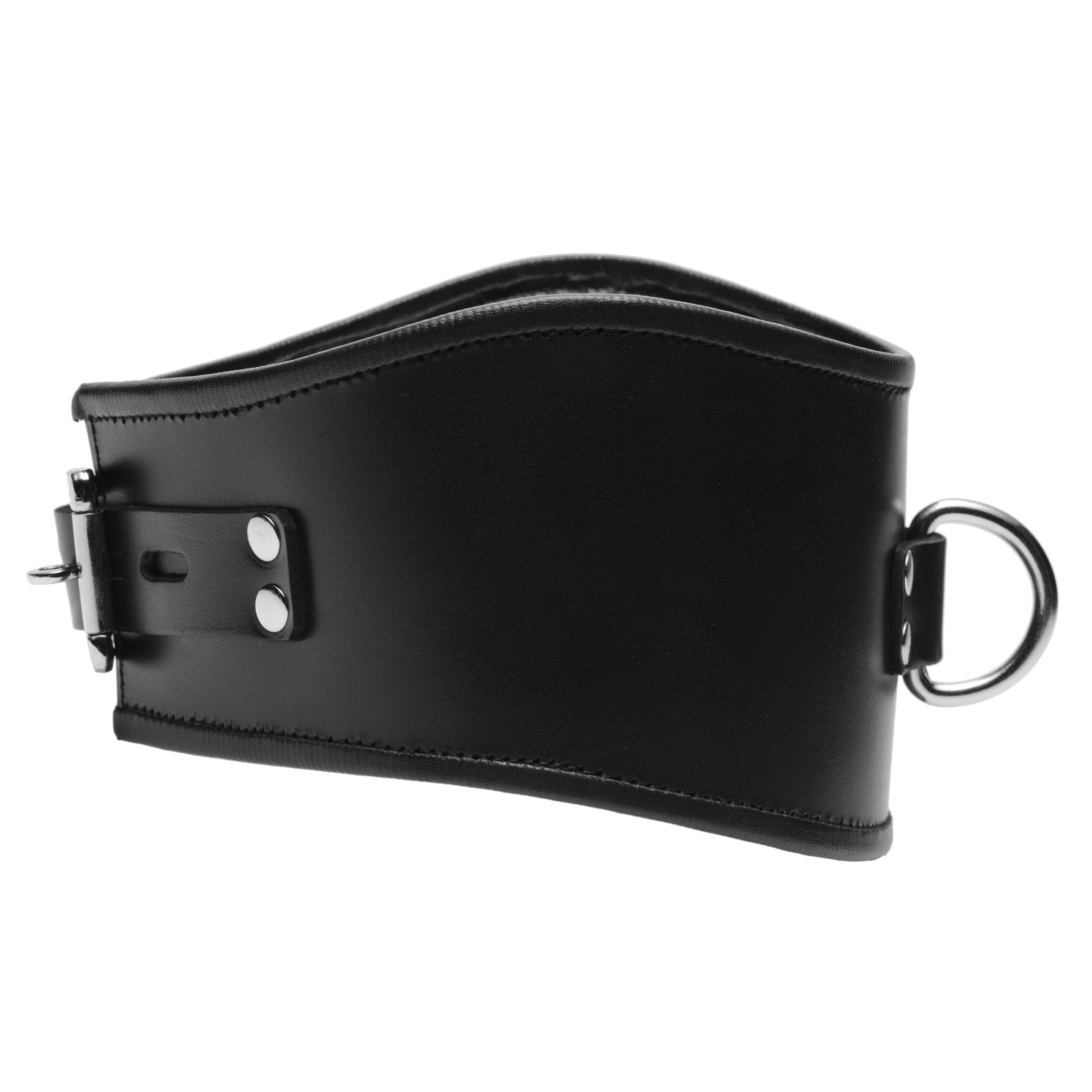 Side view of padded leather posture collar with secure metal ring