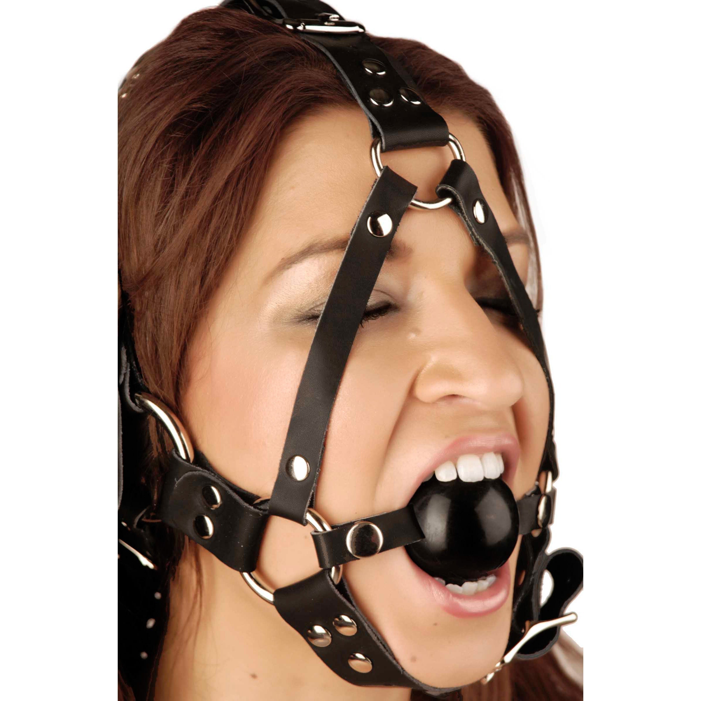 Close-up of a leather ball gag harness without a model