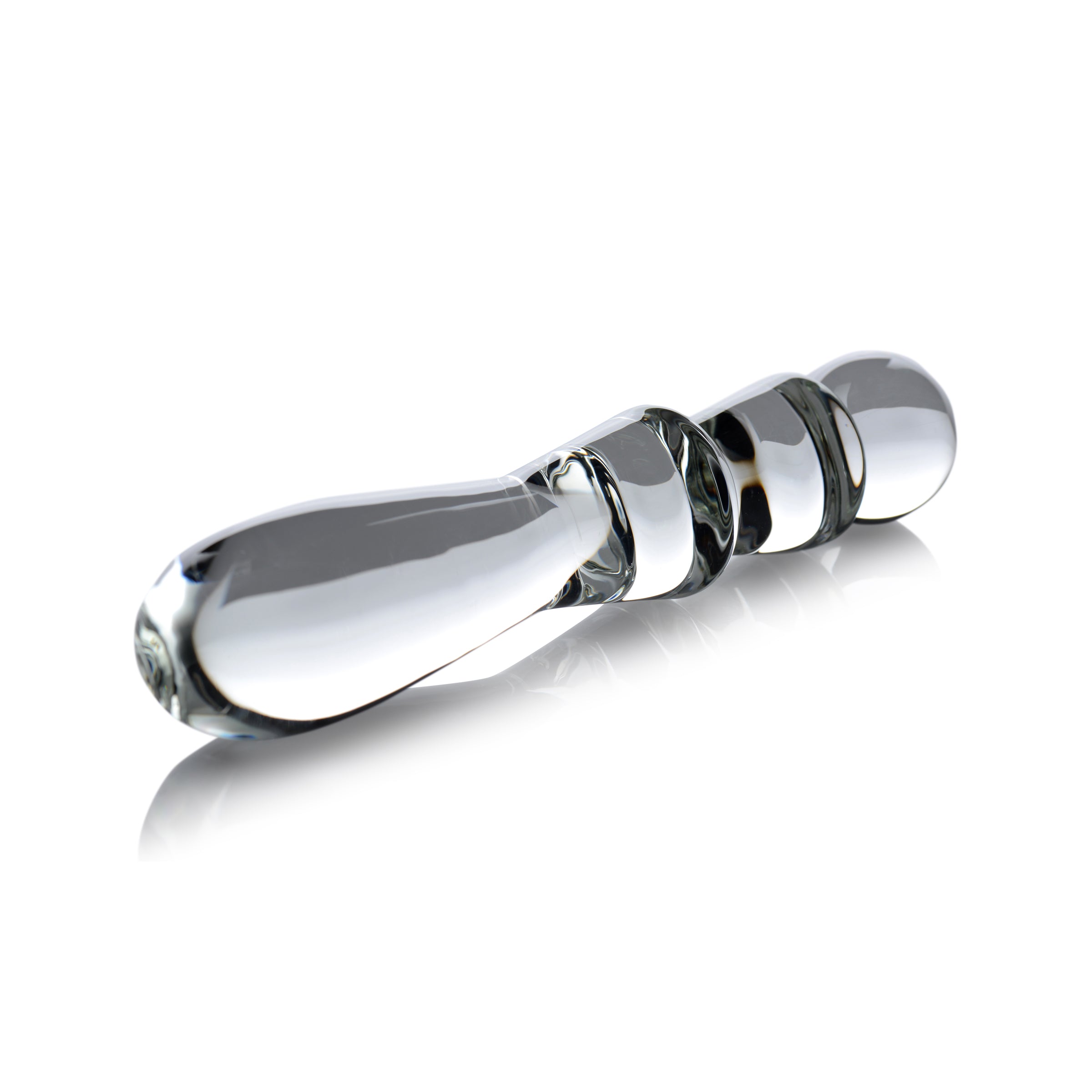 Transparent glass dildo with a metallic handle detail