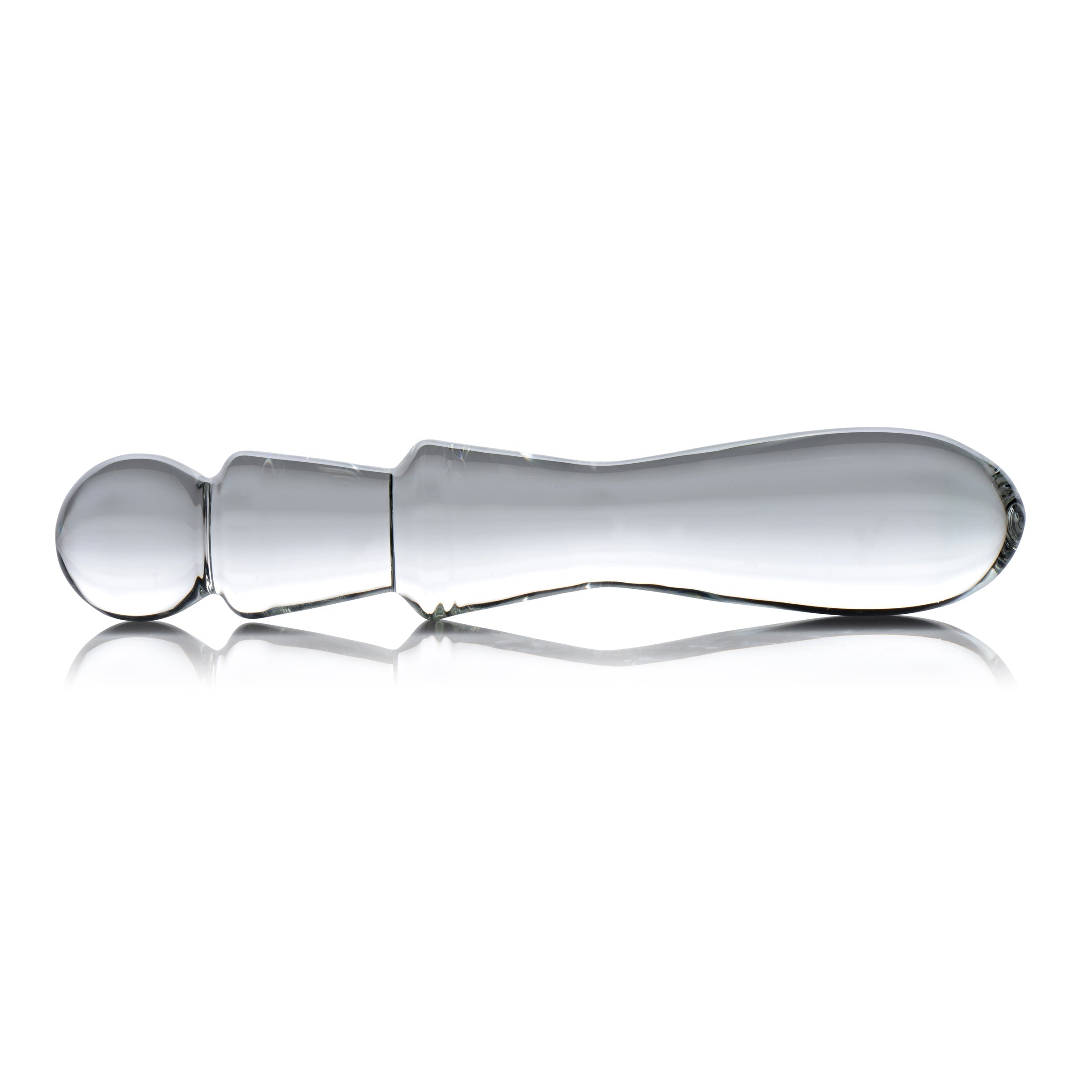 Artistic glass dildo with subtle curves on a white background