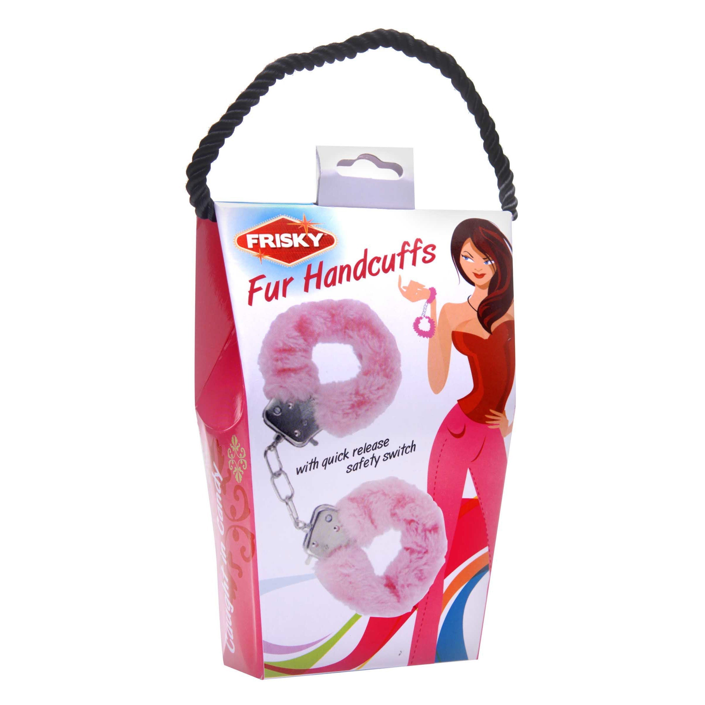 Pink Courtesan handcuffs with a soft fur texture displayed on white